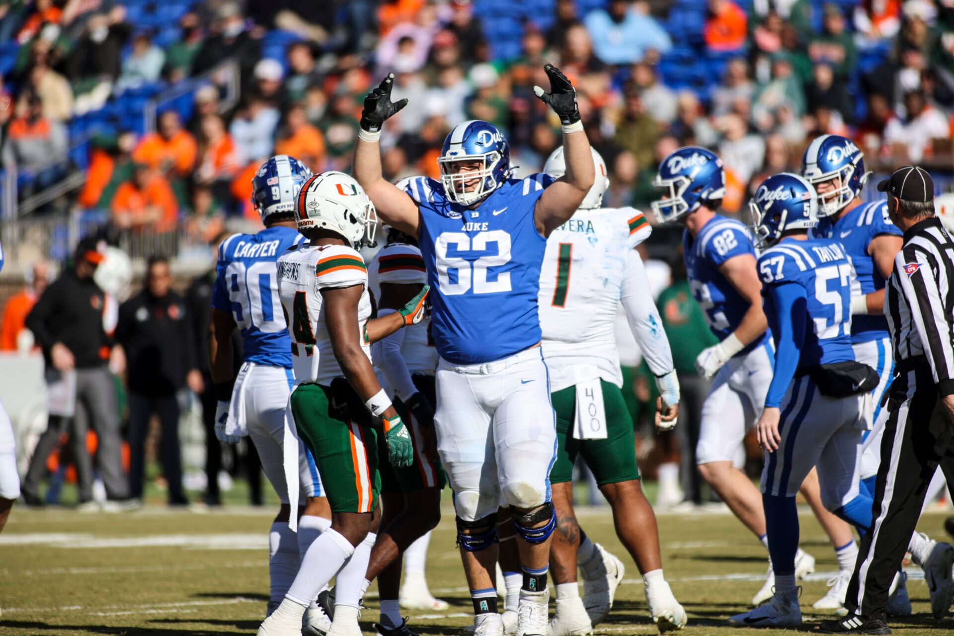 Duke Blue Devils offensive tackle Graham Barton (62) celebrates a point during the first half of the game against the Miami Hurricanes at Wallace Wade Stadium. at Wallace Wade Stadium.