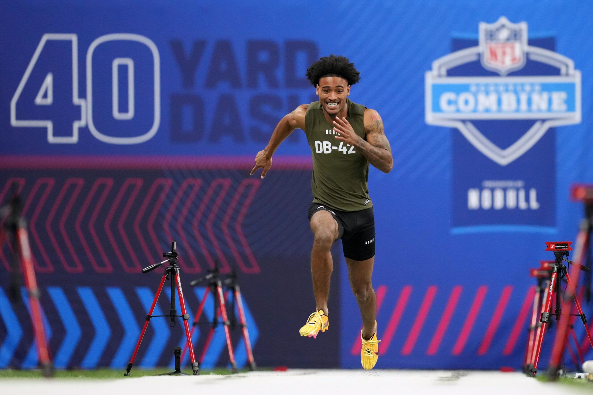 Clemson defensive back Nate Wiggins (DB42) works out during the 2024 NFL Combine at Lucas Oil Stadium.