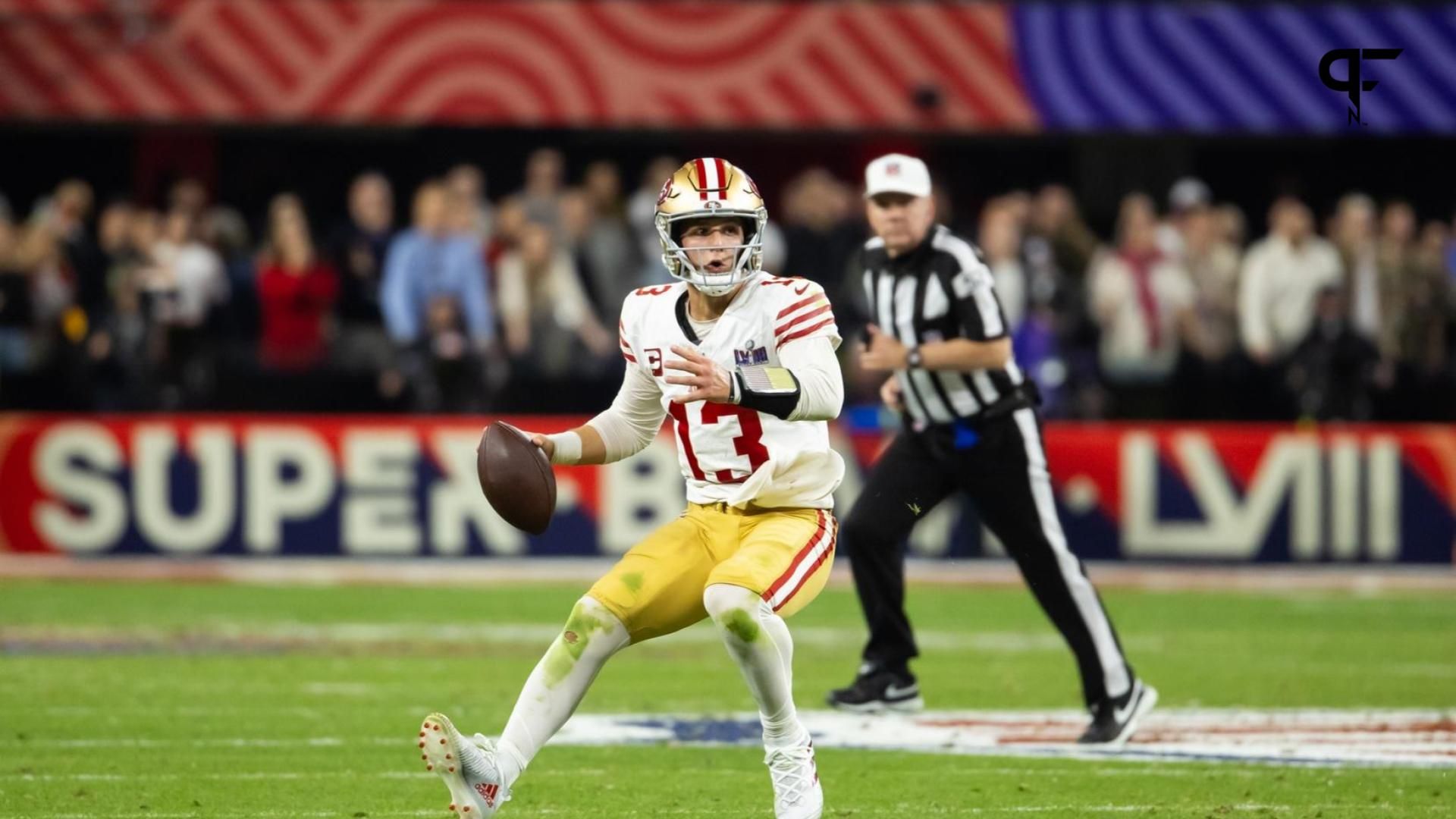 San Francisco 49ers quarterback Brock Purdy (13) against the Kansas City Chiefs in Super Bowl LVIII at Allegiant Stadium.