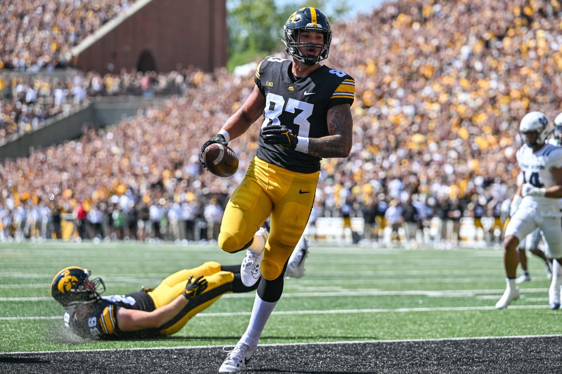 Iowa Hawkeyes tight end Erick All (83) scores on a touchdown pass as tight end Steven Stilianos (86) lay on the turf during the first quarter against the Utah State Aggies at Kinnick Stadium.