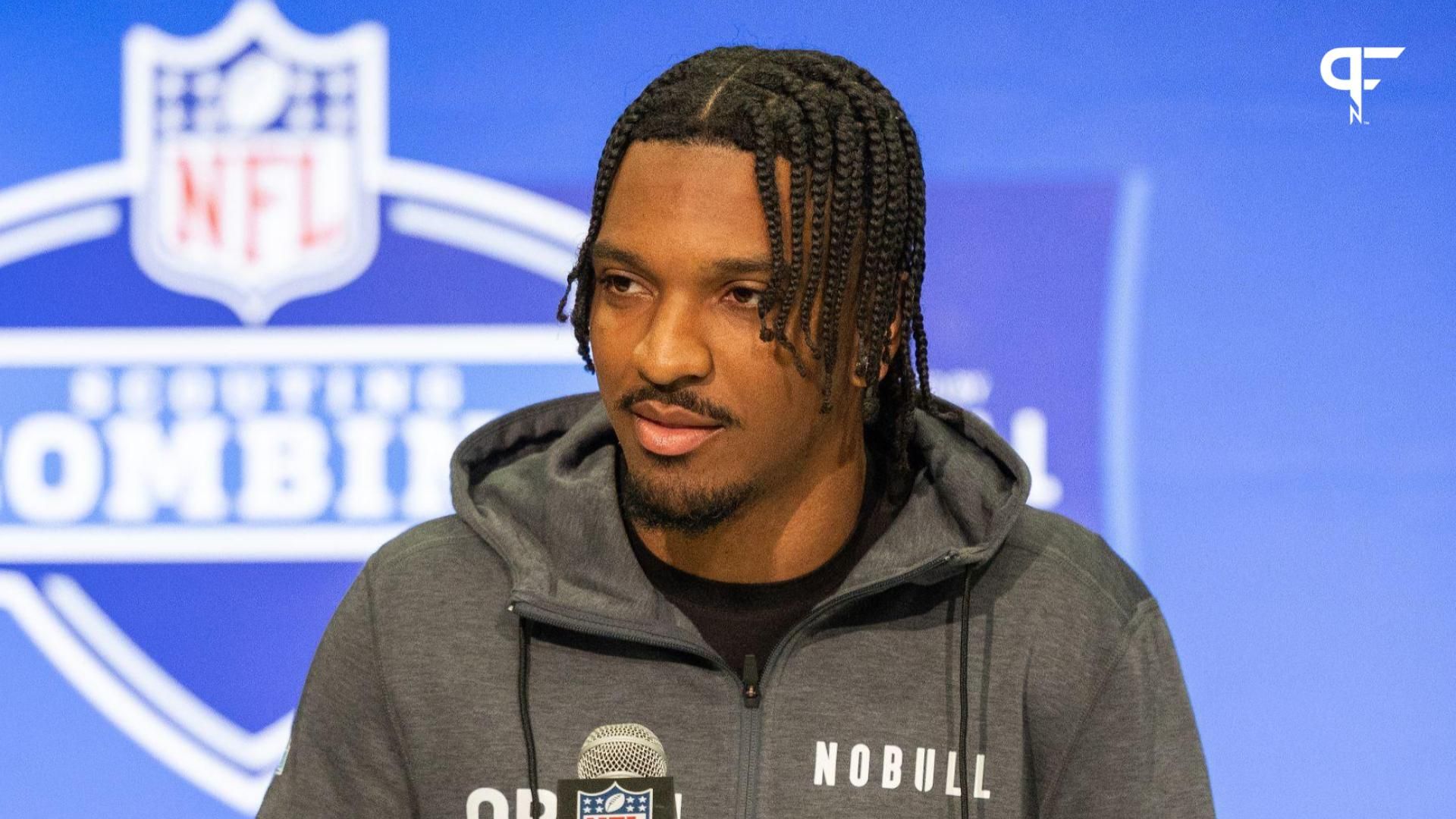 Louisiana State quarterback Jayden Daniels (QB01) talks to the media during the 2024 NFL Combine at Lucas Oil Stadium.