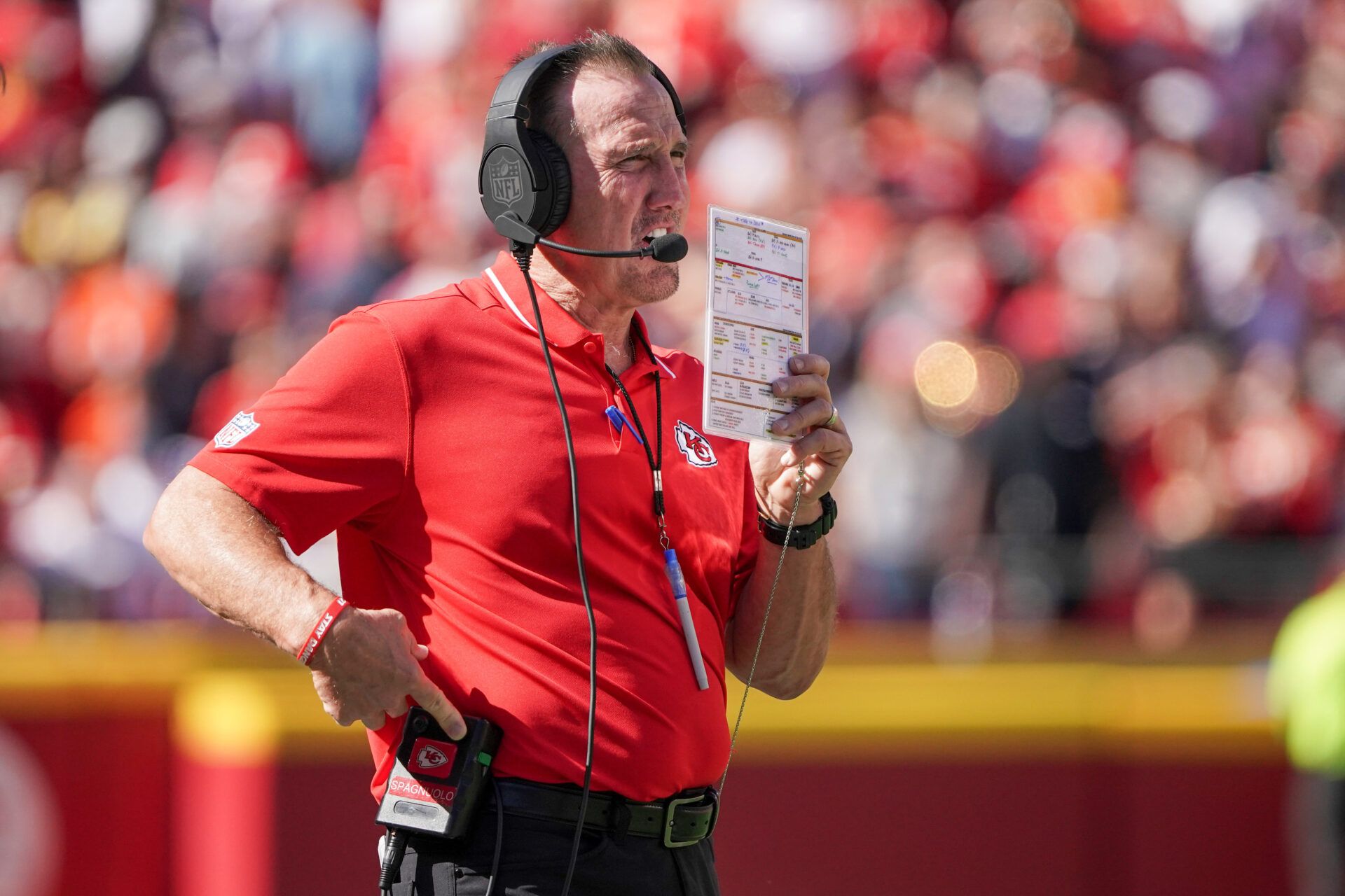 Kansas City Chiefs defensive coordinator Steve Spagnuolo watches play against the Chicago Bears during the game at GEHA Field at Arrowhead Stadium.