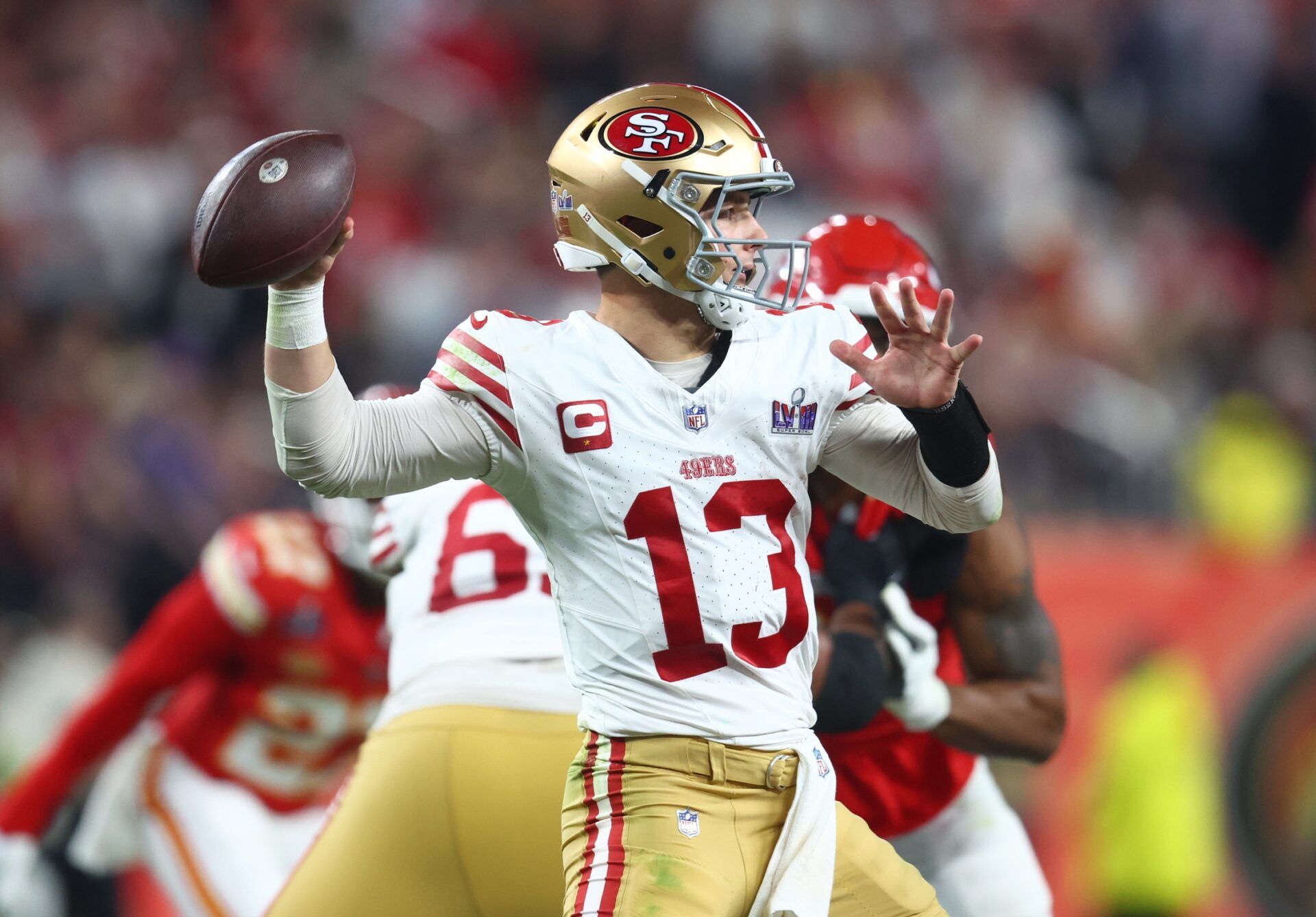 San Francisco 49ers quarterback Brock Purdy (13) throws a pass against the Kansas City Chiefs in the second half in Super Bowl LVIII at Allegiant Stadium.