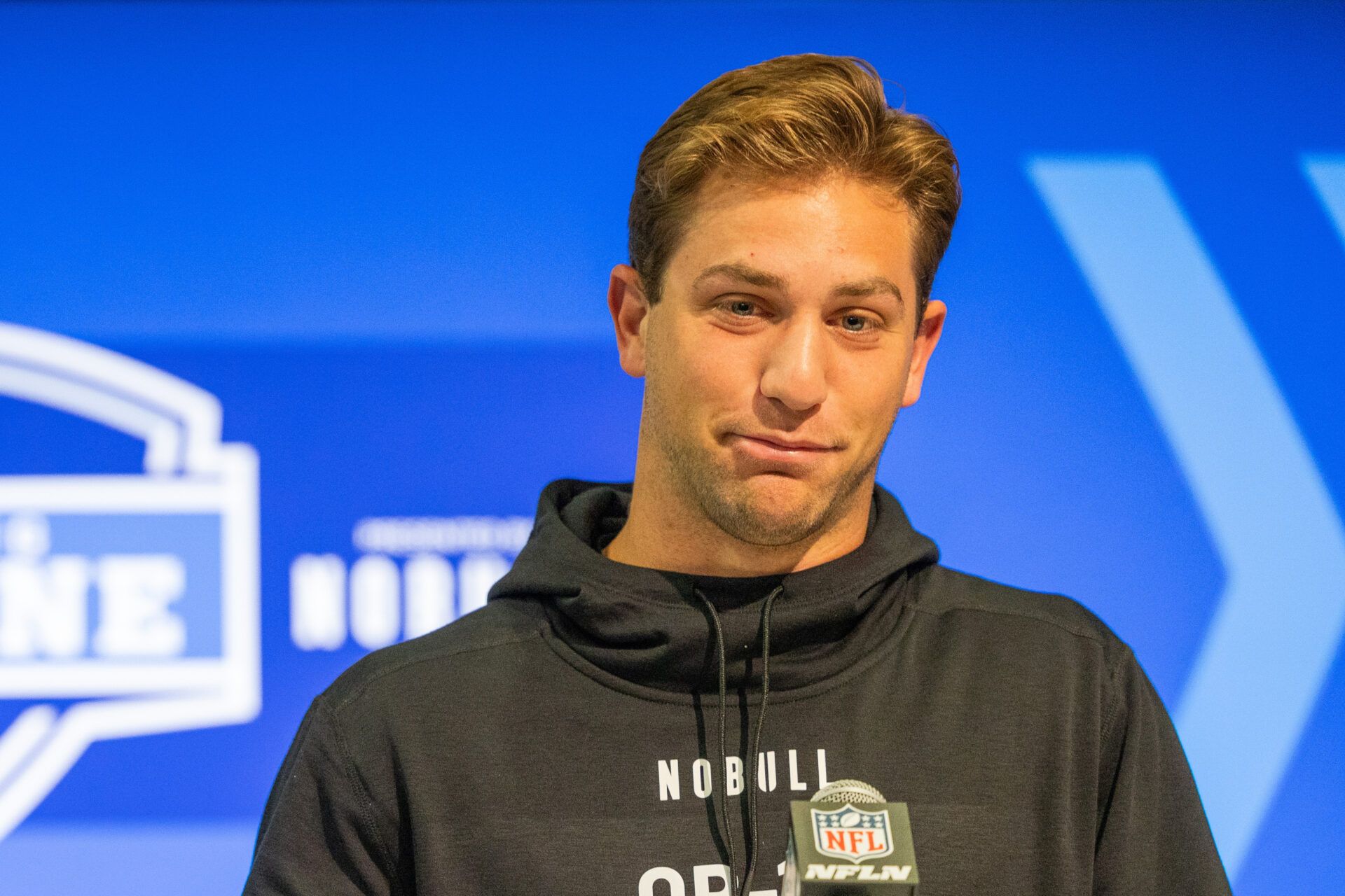 Brigham Young quarterback Kedon Slovis (QB12) talks to the media during the 2024 NFL Combine at Lucas Oil Stadium.