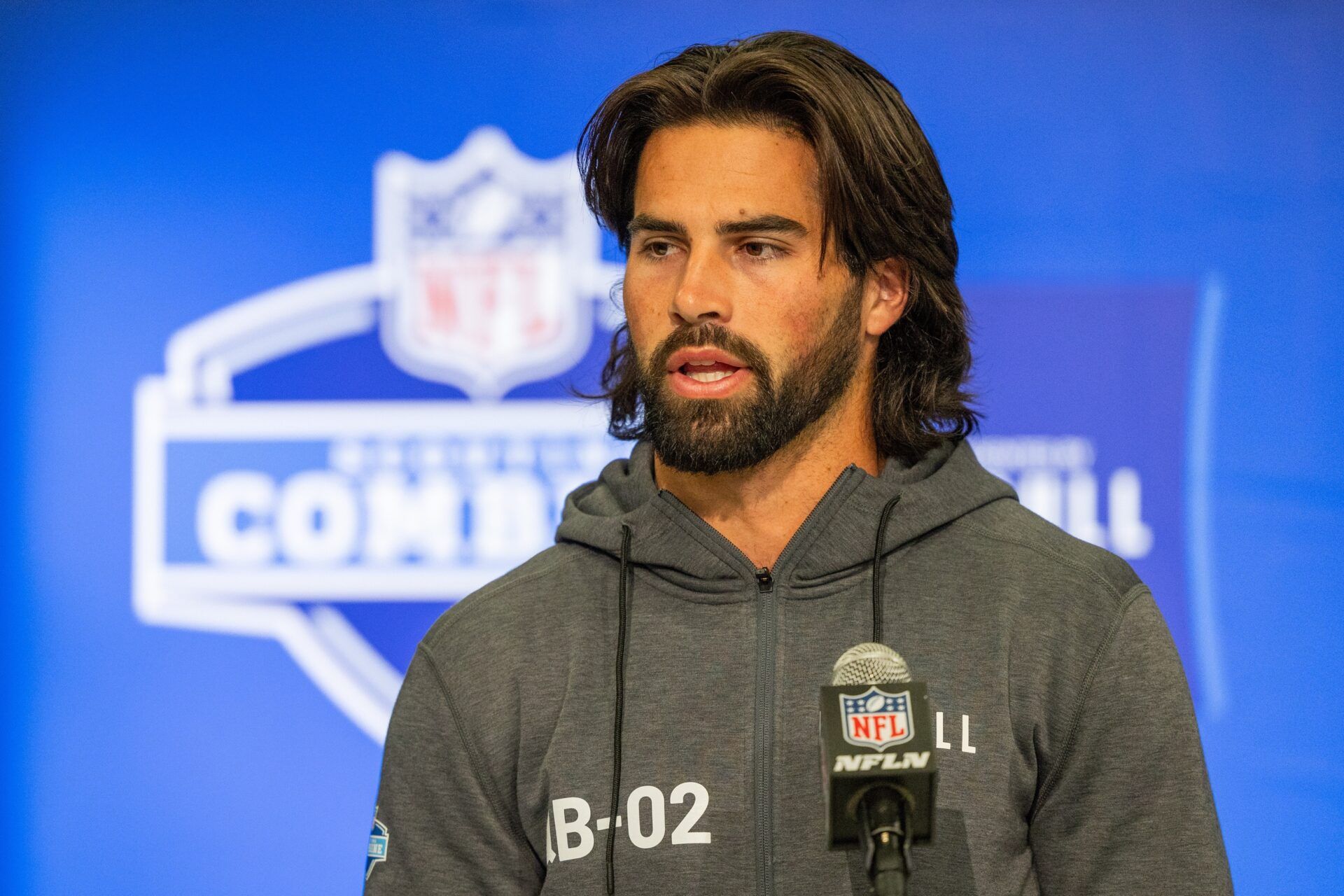 Mar 1, 2024; Indianapolis, IN, USA; Notre Dame quarterback Sam Hartman (QB02) talks to the media during the 2024 NFL Combine at Lucas Oil Stadium. Mandatory Credit: Trevor Ruszkowski-USA TODAY Sports