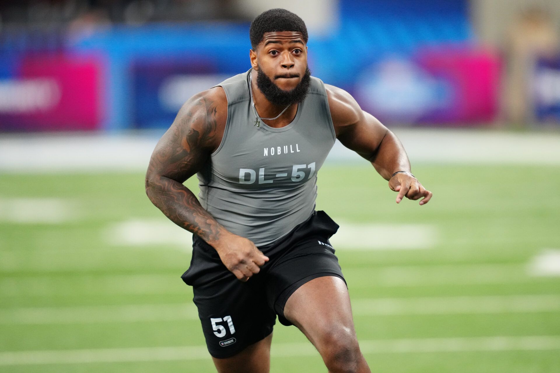 Florida State defensive lineman Jared Verse (DL51) works out during the 2024 NFL Combine at Lucas Oil Stadium.