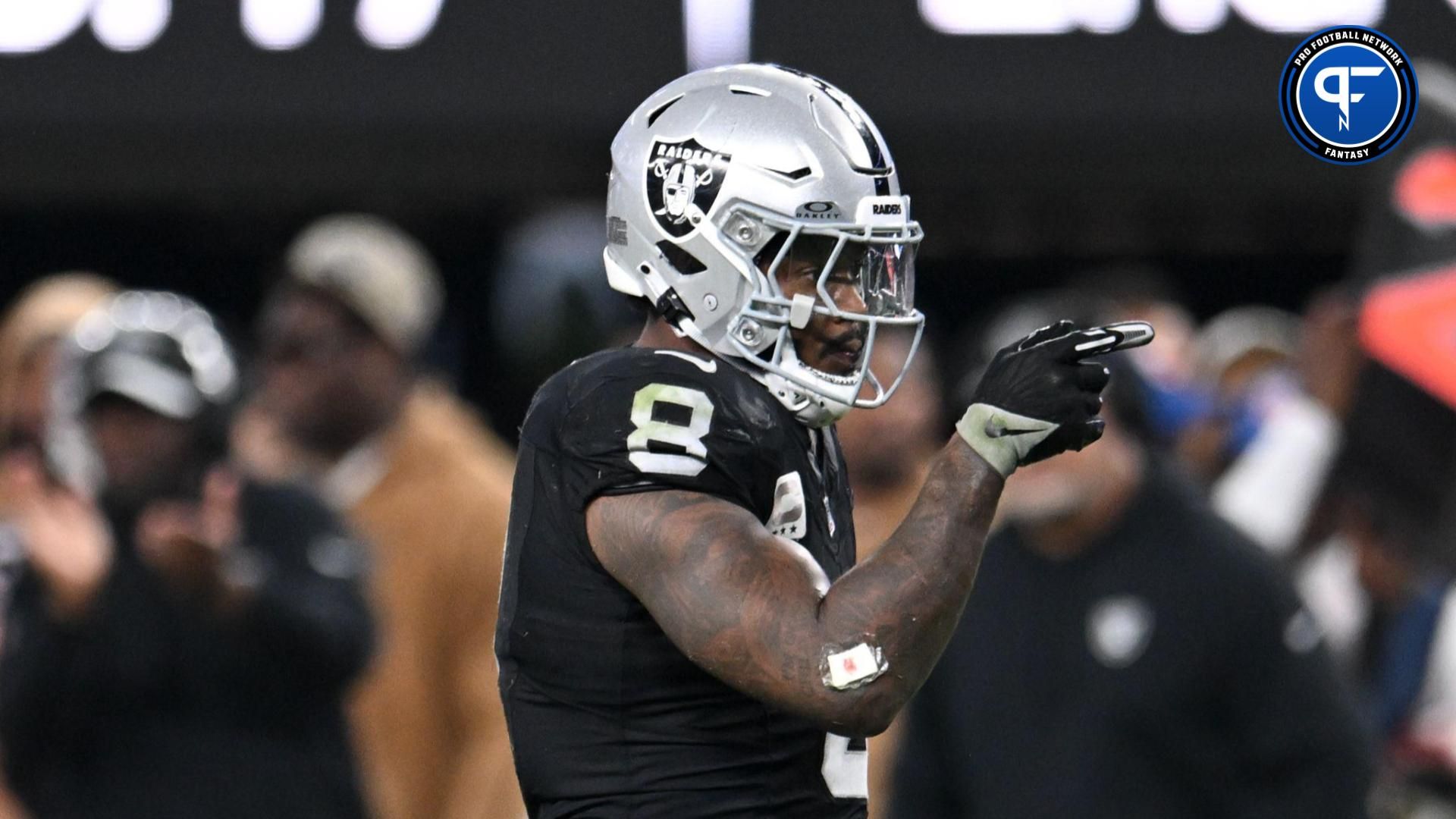 Las Vegas Raiders running back Josh Jacobs (8) reacts to a first down against the New York Jets in the fourth quarter at Allegiant Stadium.