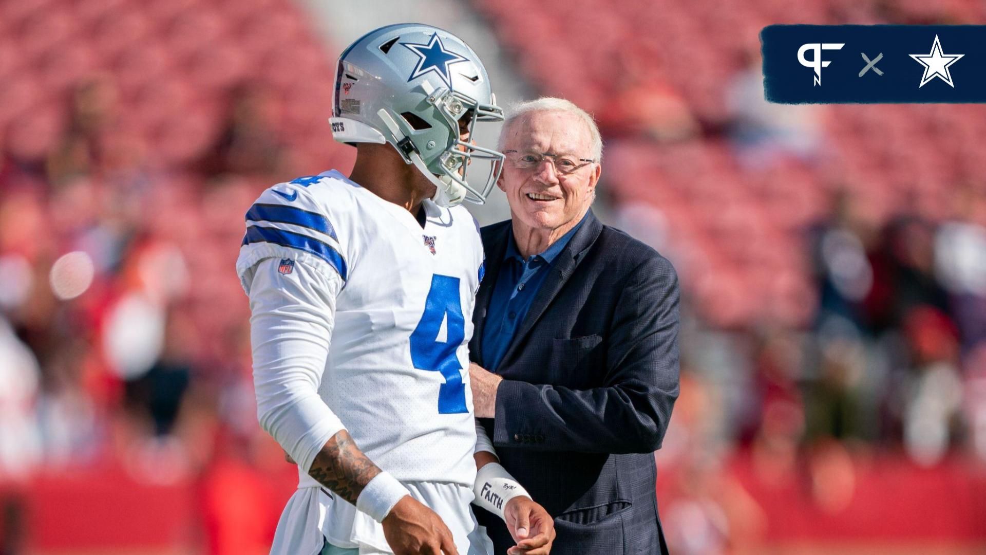 Dallas Cowboys quarterback Dak Prescott (4) and owner Jerry Jones (right) before the game against the San Francisco 49ers at Levi's Stadium.