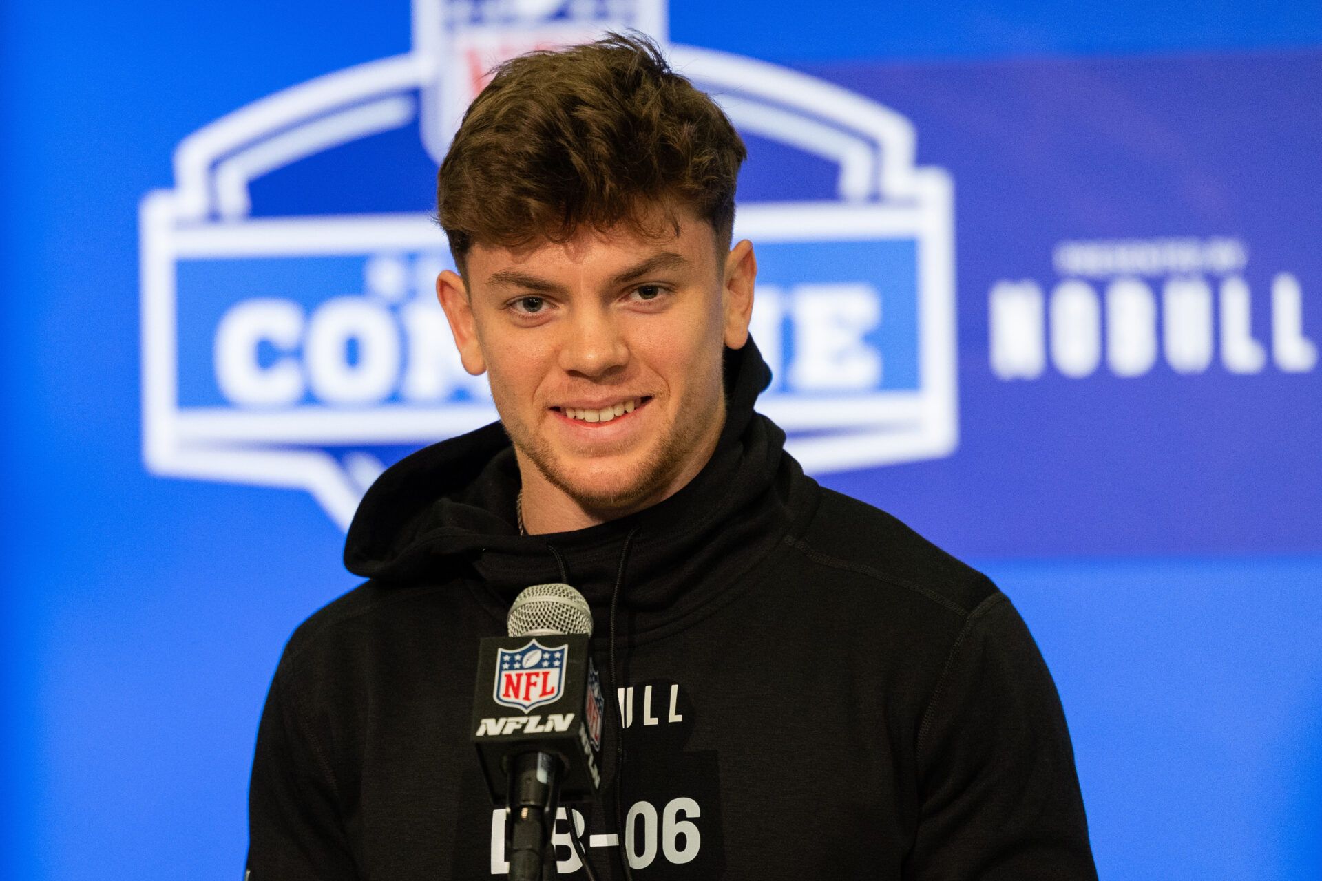 Iowa defensive back Cooper Dejean (DB06) talks to the media during the 2024 NFL Combine at Lucas Oil Stadium.