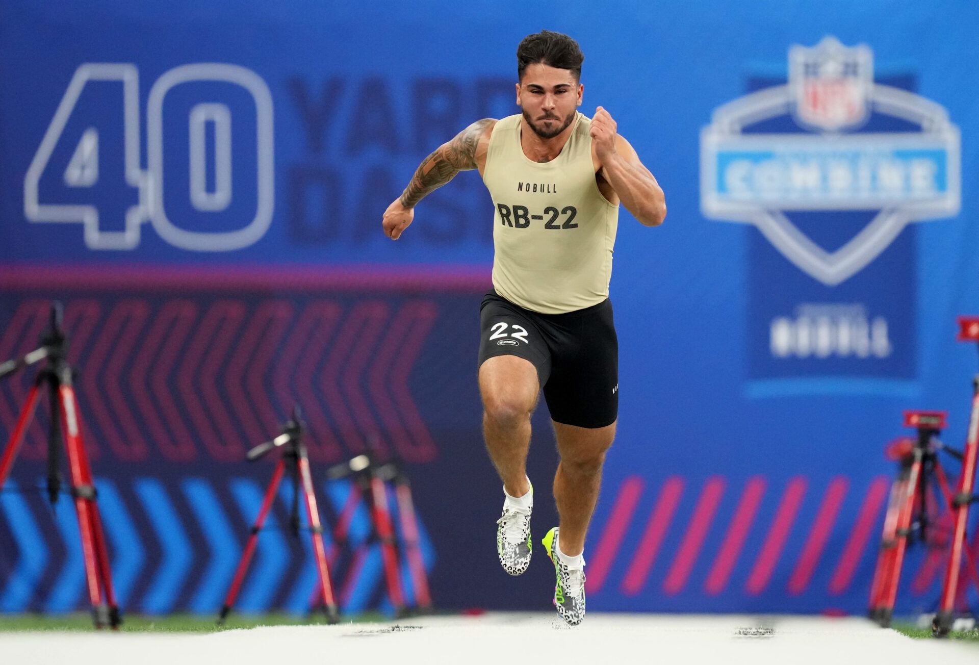 Missouri running back Cody Schrader (RB22) during the 2024 NFL Combine at Lucas Oil Stadium.