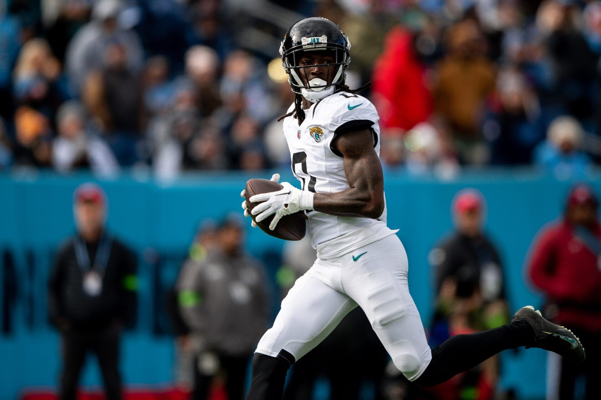 Jacksonville Jaguars wide receiver Calvin Ridley (0) celebrates after scoring a touchdown against the Tennessee Titans during the first half at Nissan Stadium.