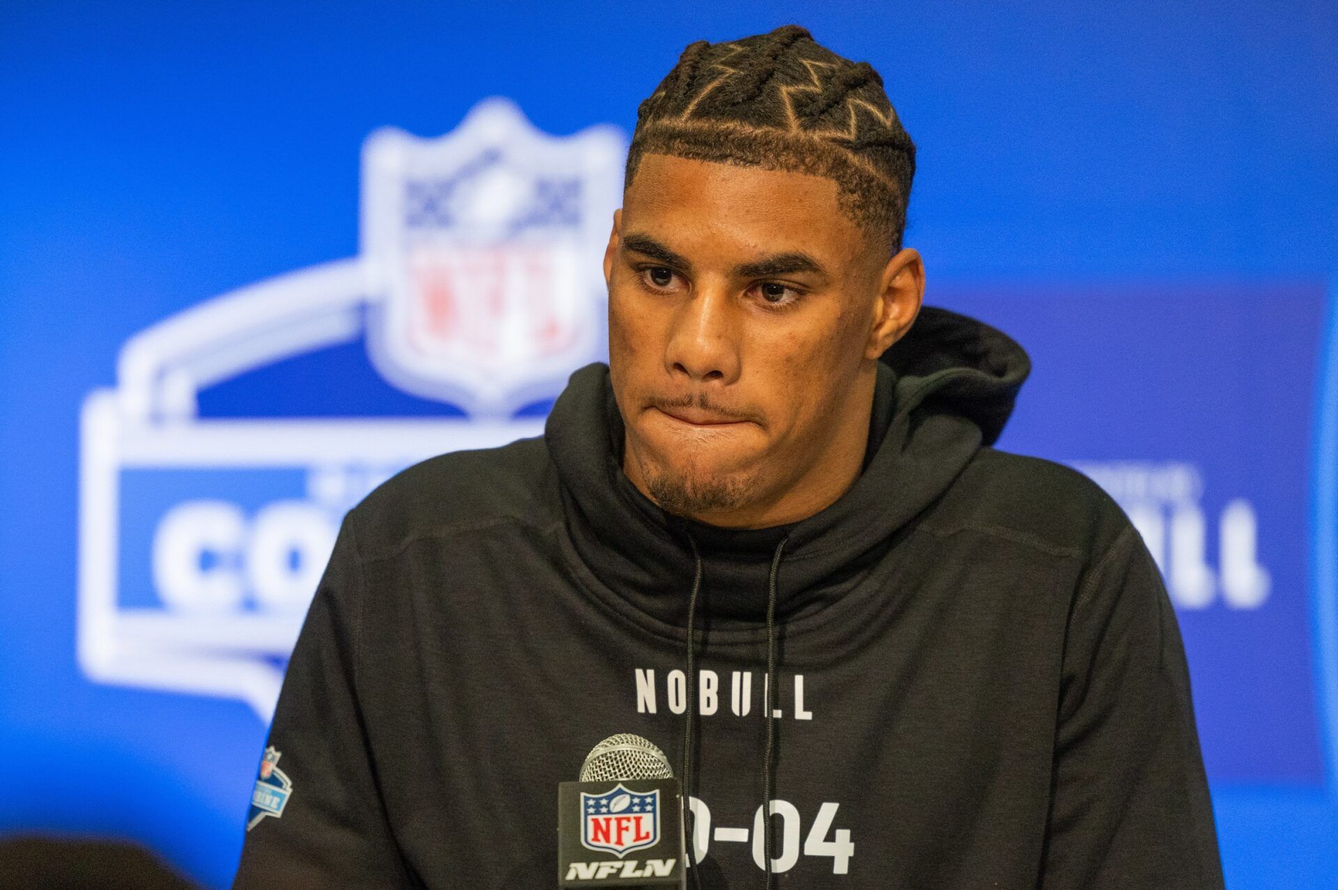 Florida State wide receiver Keon Coleman (WO04) talks to the media during the 2024 NFL Combine at Lucas Oil Stadium.