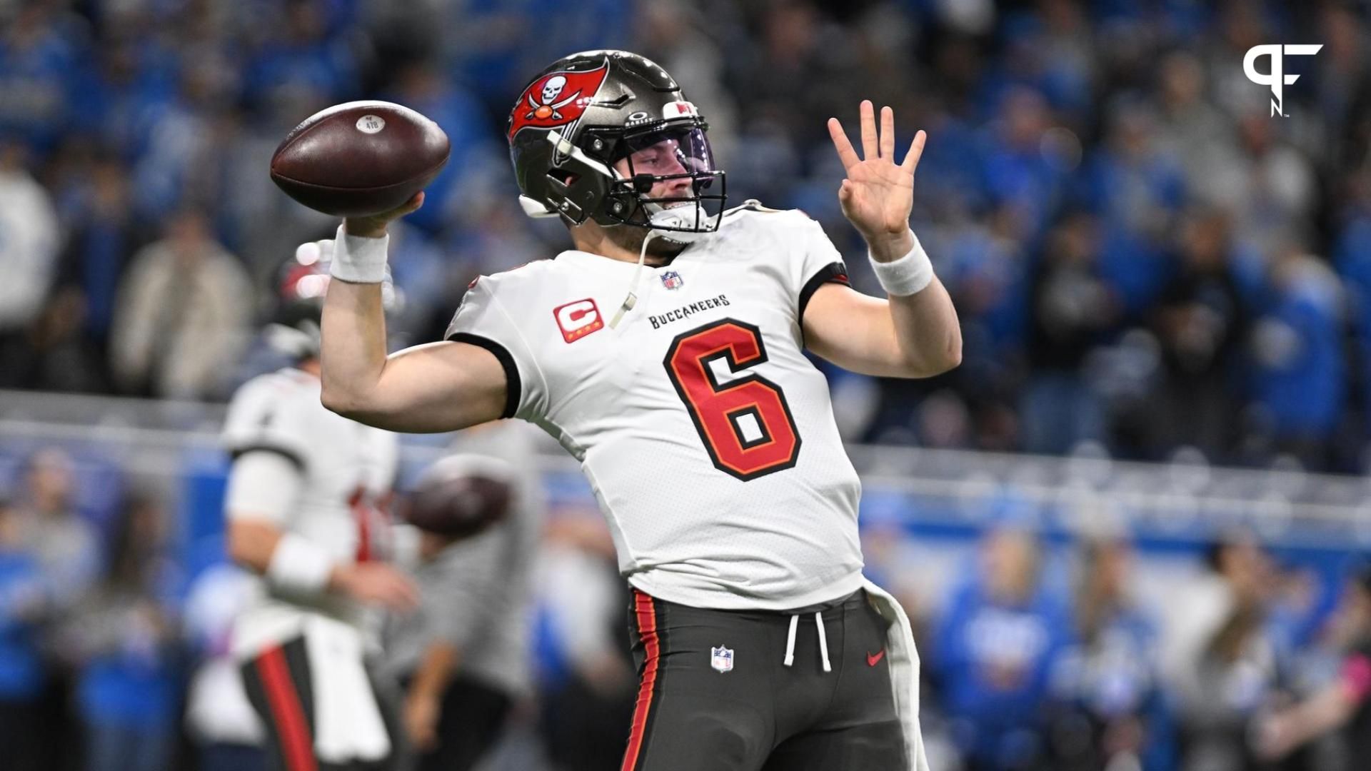 Tampa Bay Buccaneers quarterback Baker Mayfield (6) warms up before a 2024 NFC divisional round game against the Detroit Lions at Ford Field.