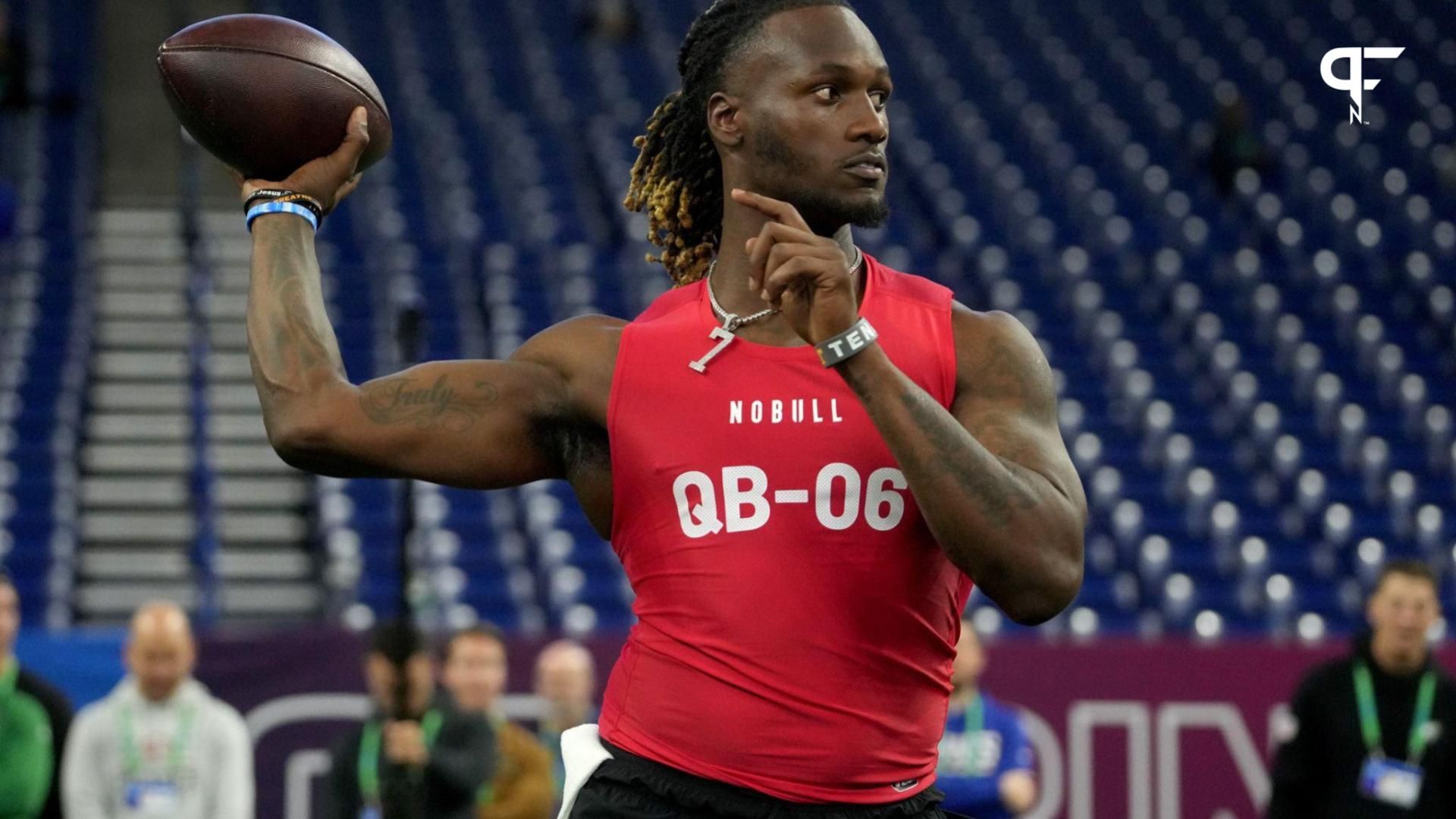 Tennessee quarterback Joe Milton (QB06) during the 2024 NFL Combine at Lucas Oil Stadium.