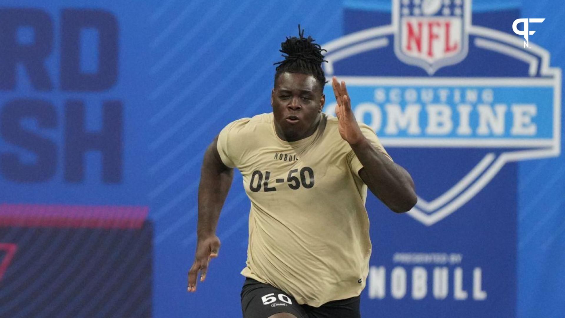 Georgia offensive lineman Amarius Mims (OL50) during the 2024 NFL Combine at Lucas Oil Stadium.