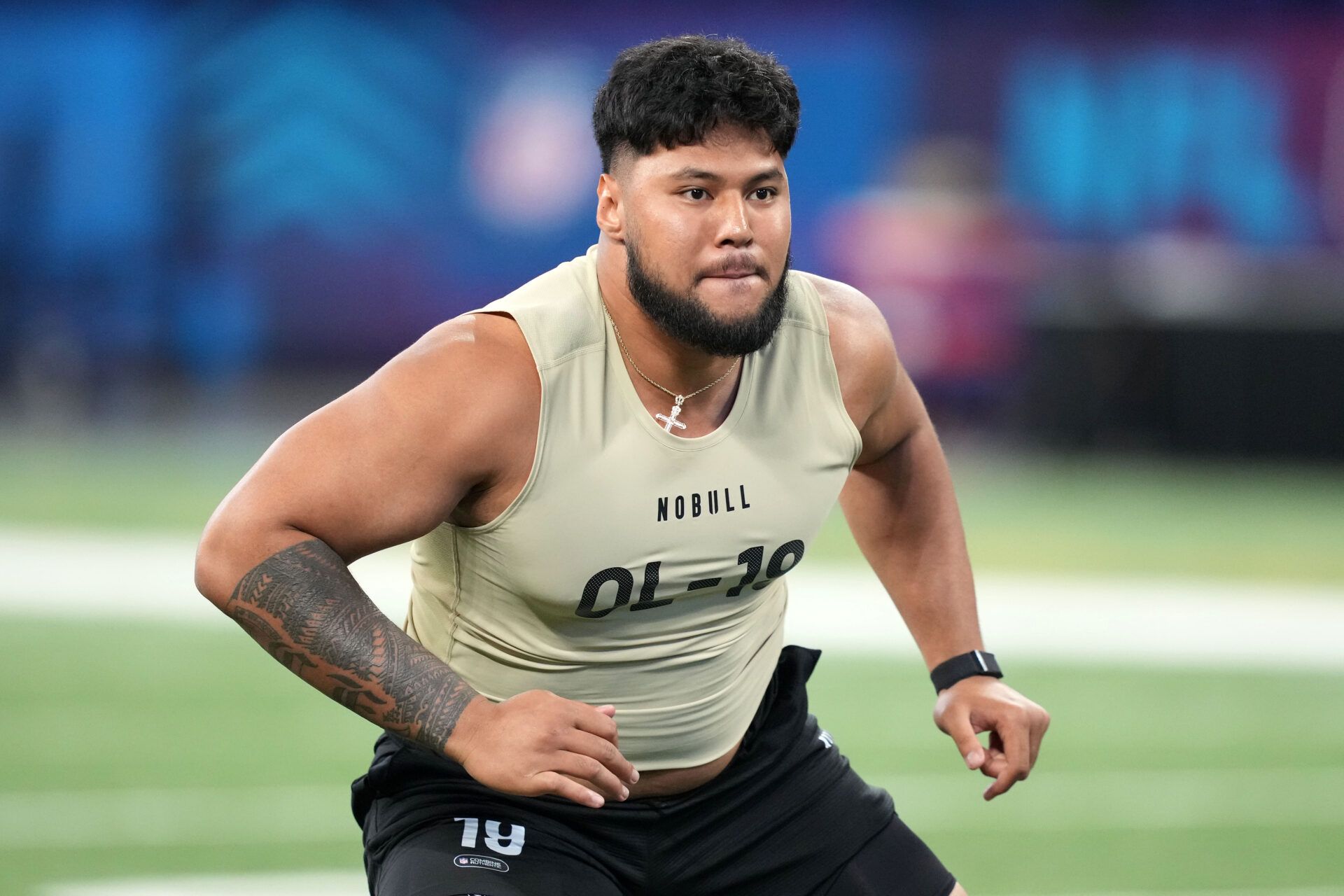 Washington offensive lineman Troy Fautanu (OL19) during the 2024 NFL Combine at Lucas Oil Stadium.