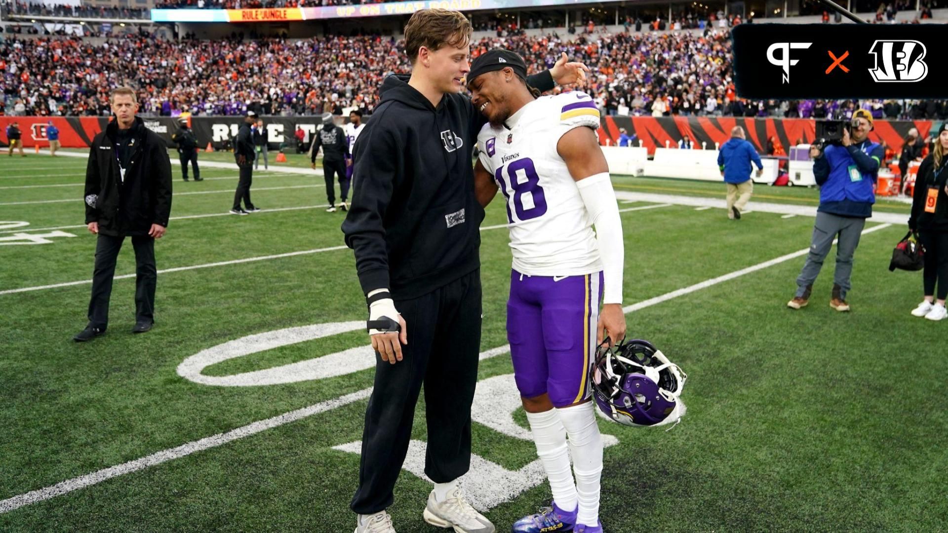 Former Louisiana State University teammates, Cincinnati Bengals quarterback Joe Burrow (9), left, and Minnesota Vikings wide receiver Justin Jefferson (18) great each other at the conclusion of a Week 15 NFL football game between the Minnesota Vikings and the Cincinnati Bengals, Saturday, Dec. 16, 2023, at Paycor Stadium in Cincinnati. The Cincinnati Bengals won 27-24 in overtime.