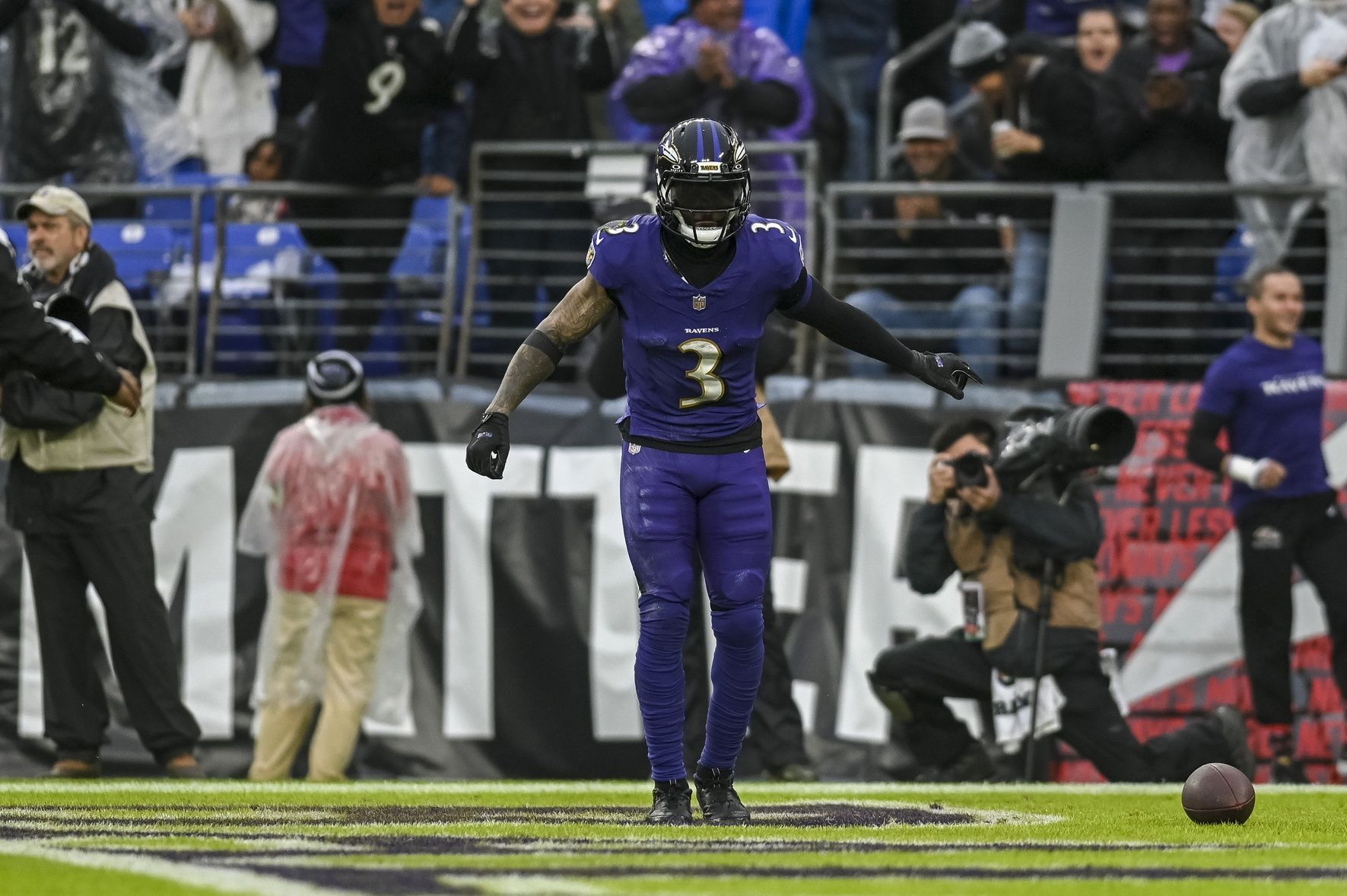 Baltimore Ravens wide receiver Odell Beckham Jr. (3) celebrates after sowing a second quarter touchdown against the Los Angeles Rams during the at M&T Bank Stadium.