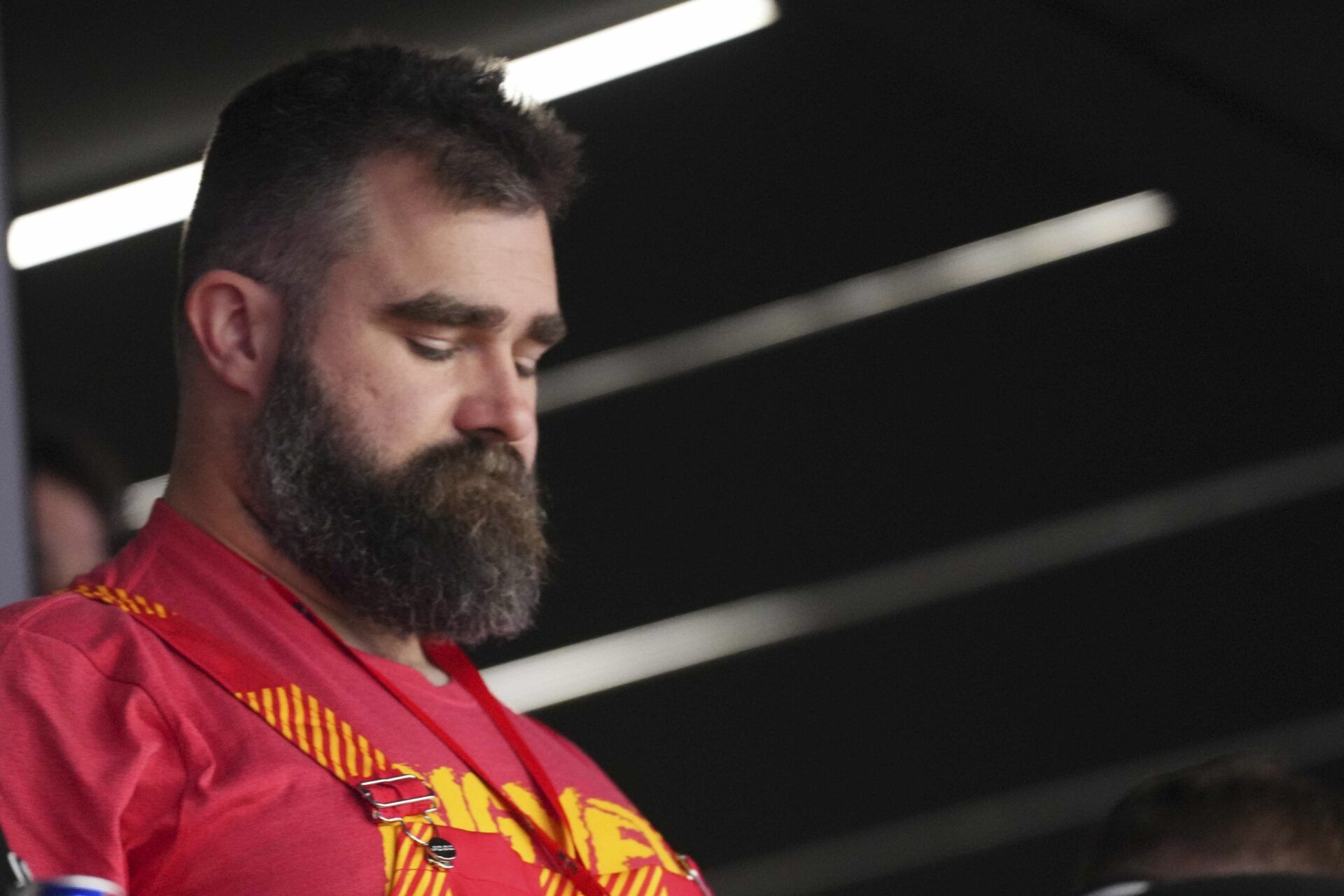 Philadelphia Eagles center Jason Kelce looks on during the Super Bowl between the Kansas City Chiefs and San Francisco 49ers.