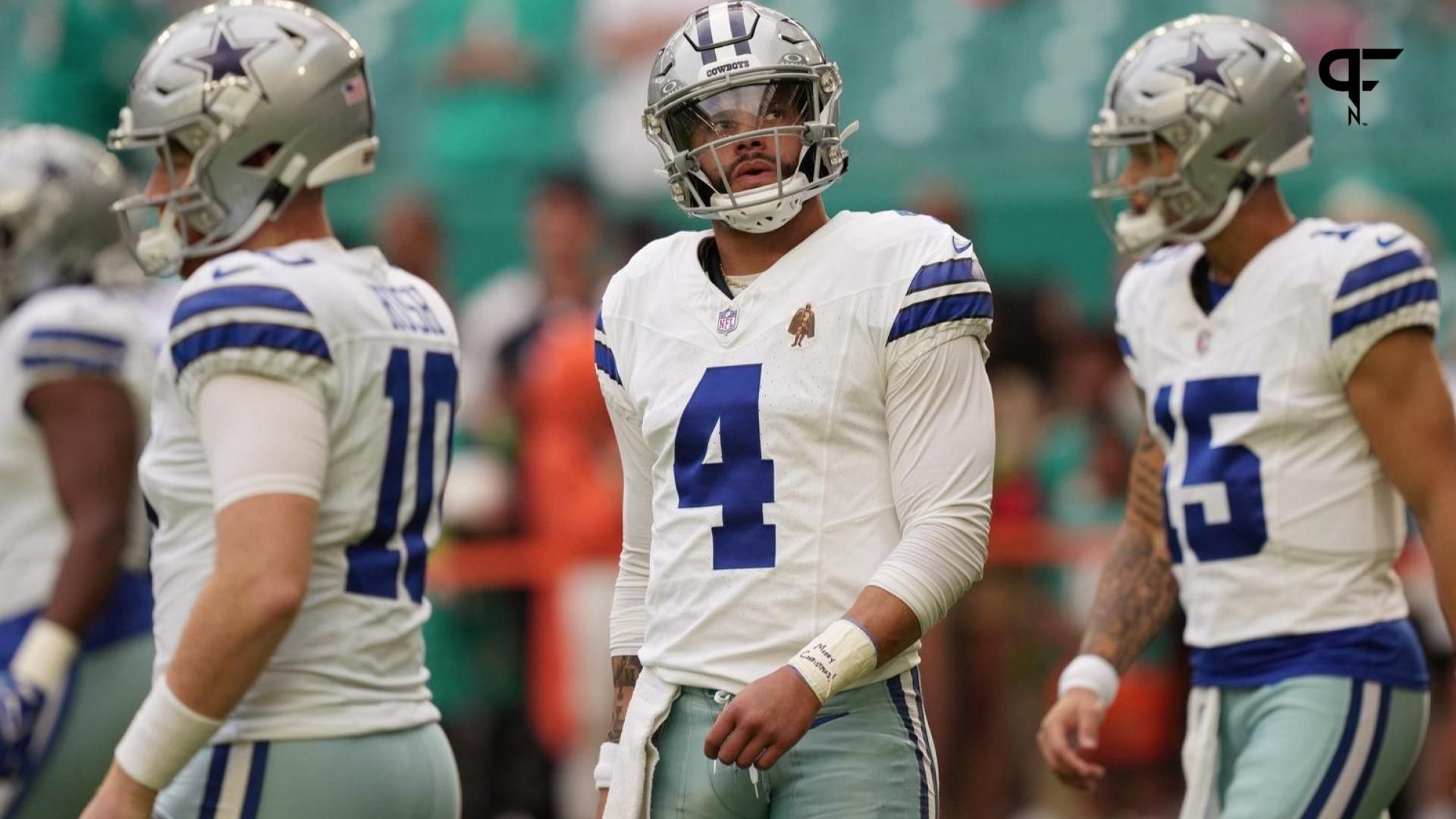 Dallas Cowboys quarterback Dak Prescott (4) warms-up before the NFL game against the Miami Dolphins at Hard Rock Stadium in Miami Gardens, Dec. 24, 2023