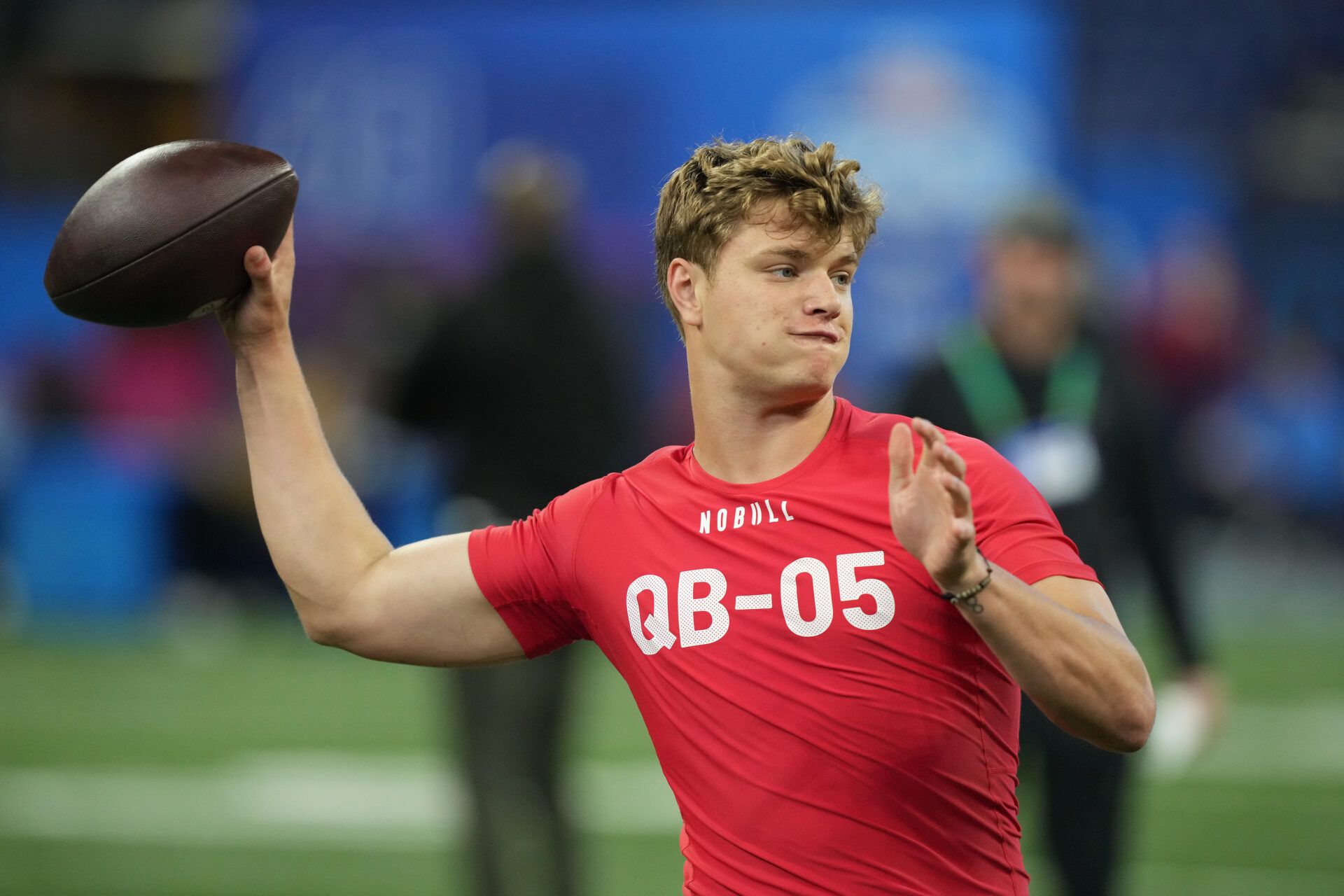 Michigan quarterback J.J. McCarthy (QB05) during the 2024 NFL Combine at Lucas Oil Stadium.