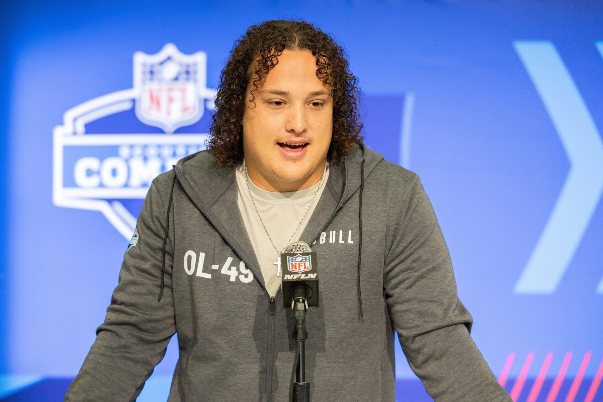 North Carolina State offensive lineman Dylan McMahon (OL49) talks to the media during the 2024 NFL Combine at Lucas Oil Stadium.