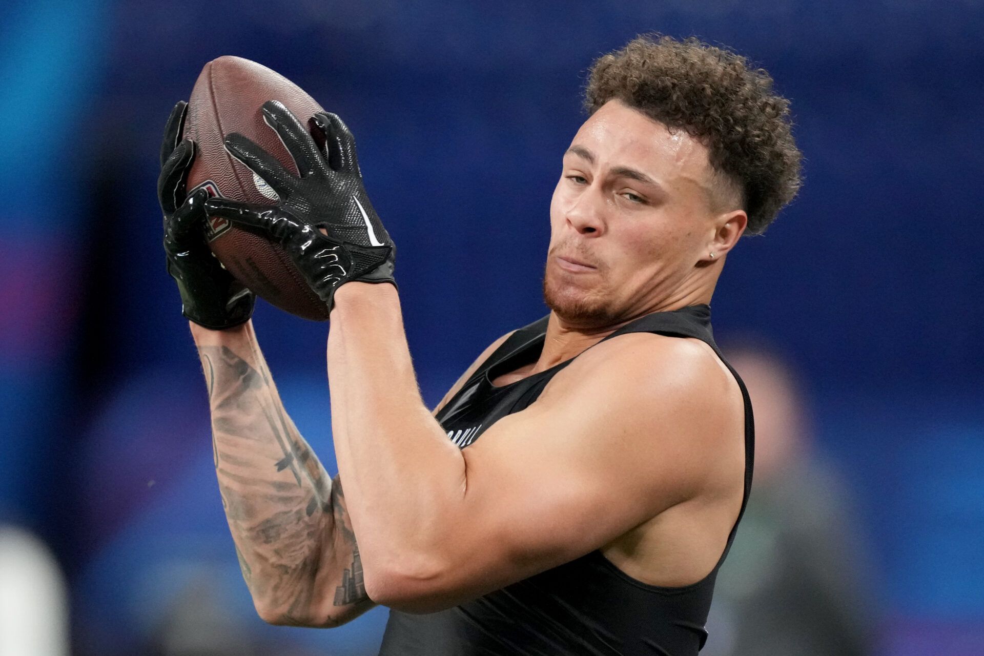 Penn State tight end Theo Johnson (TE07) works out during the 2024 NFL Combine at Lucas Oil Stadium.