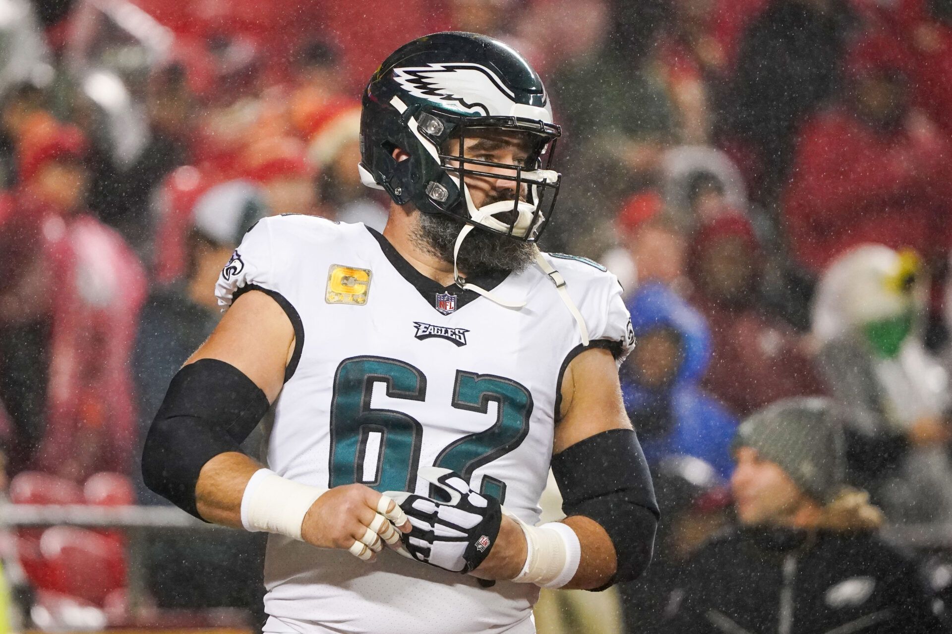 Philadelphia Eagles center Jason Kelce (62) warms up against theKansas City Chiefs prior to a game at GEHA Field at Arrowhead Stadium.