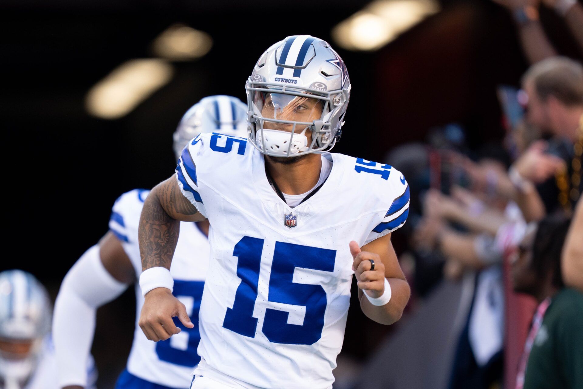 Dallas Cowboys quarterback Trey Lance (15) before the game against the San Francisco 49ers at Levi's Stadium.