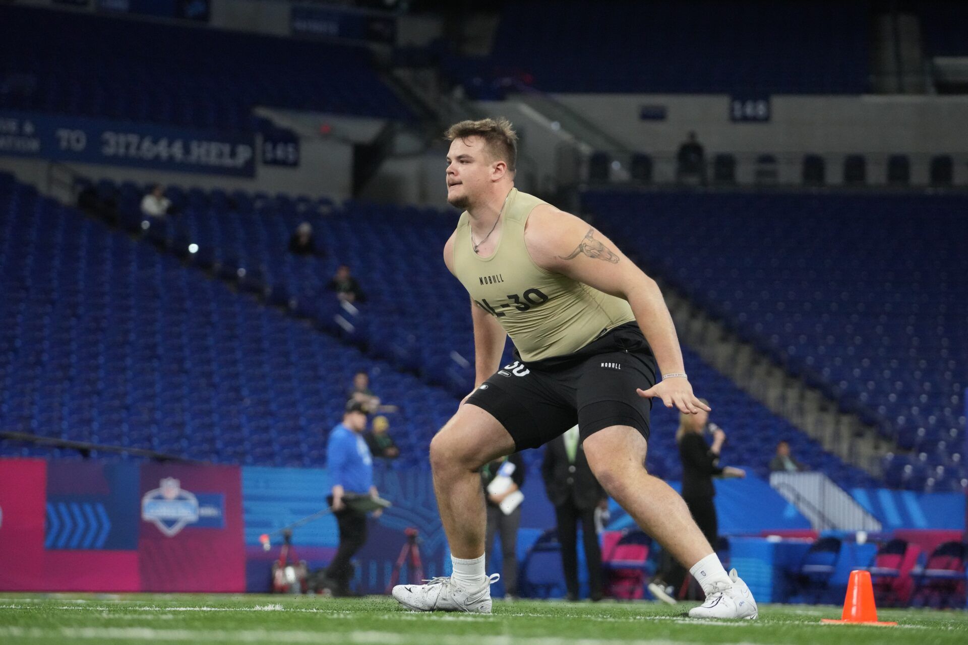 South Dakota State offensive lineman Garret Greenfield (OL30) during the 2024 NFL Combine at Lucas Oil Stadium.