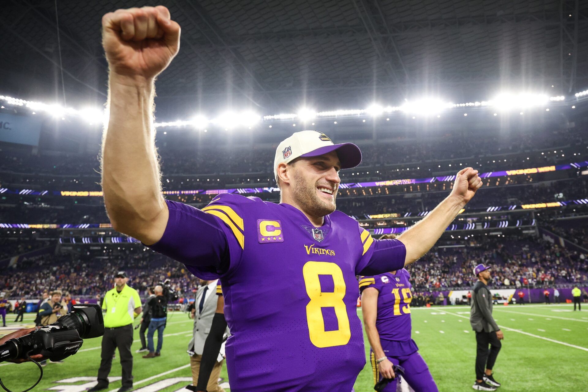 Minnesota Vikings QB Kirk Cousins (8) celebrates after a win against the New England Patriots.