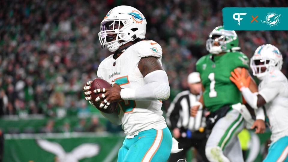 Miami Dolphins linebacker Jerome Baker (55) returns an interception for a touchdown during the third quarter against the Philadelphia Eagles at Lincoln Financial Field.