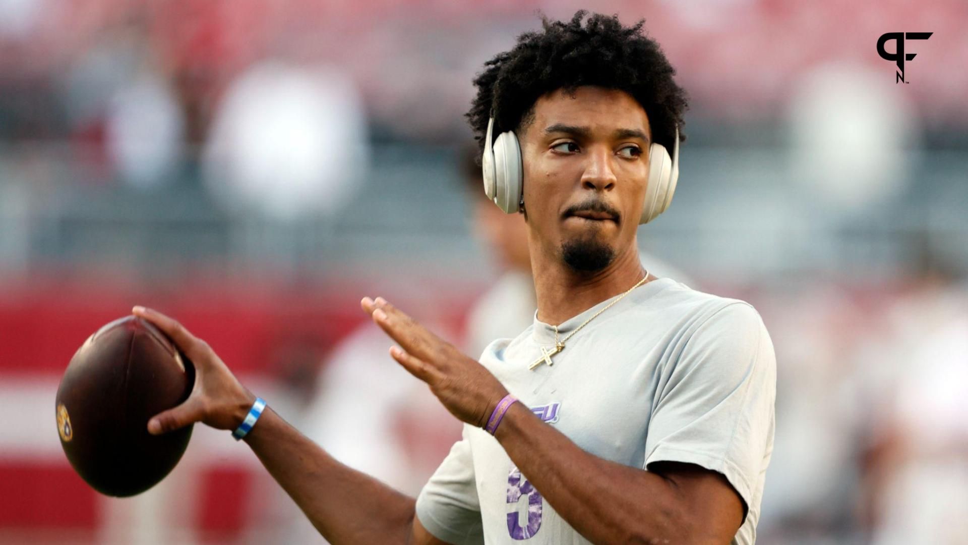 LSU Tigers quarterback Jayden Daniels (5) warms up before a football game against the Alabama Crimson Tide at Bryant-Denny Stadium.