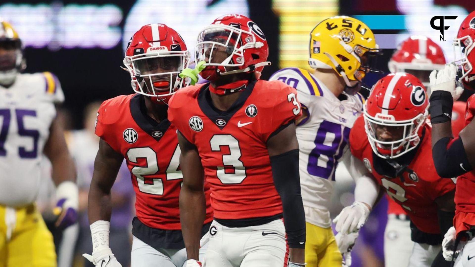 Georgia Bulldogs defensive back Kamari Lassiter (3) reacts following a stop against the LSU Tigers during the second quarter at Mercedes-Benz Stadium.