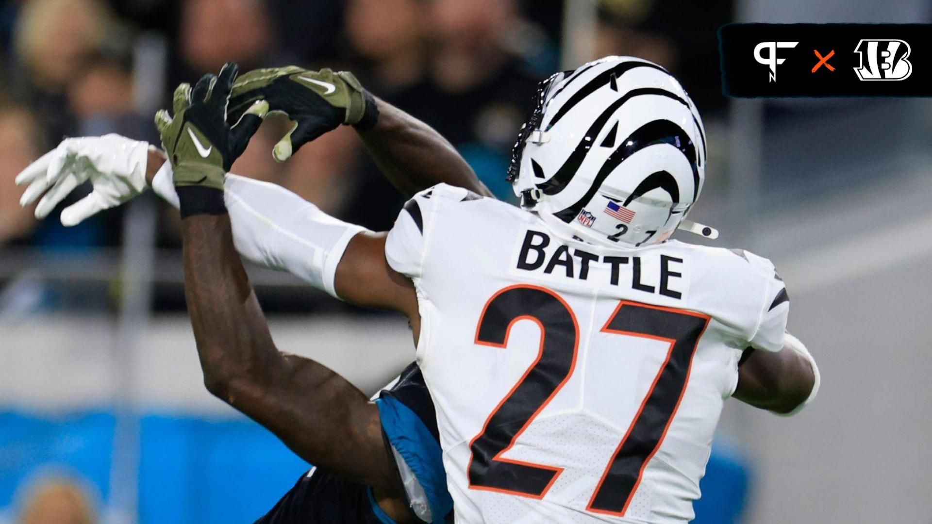 Jacksonville Jaguars wide receiver Calvin Ridley (0) has a pass batted down by Cincinnati Bengals safety Jordan Battle (27) during the first quarter of a regular season NFL football matchup Monday, Dec. 4, 2023 at EverBank Stadium in Jacksonville, Fla.