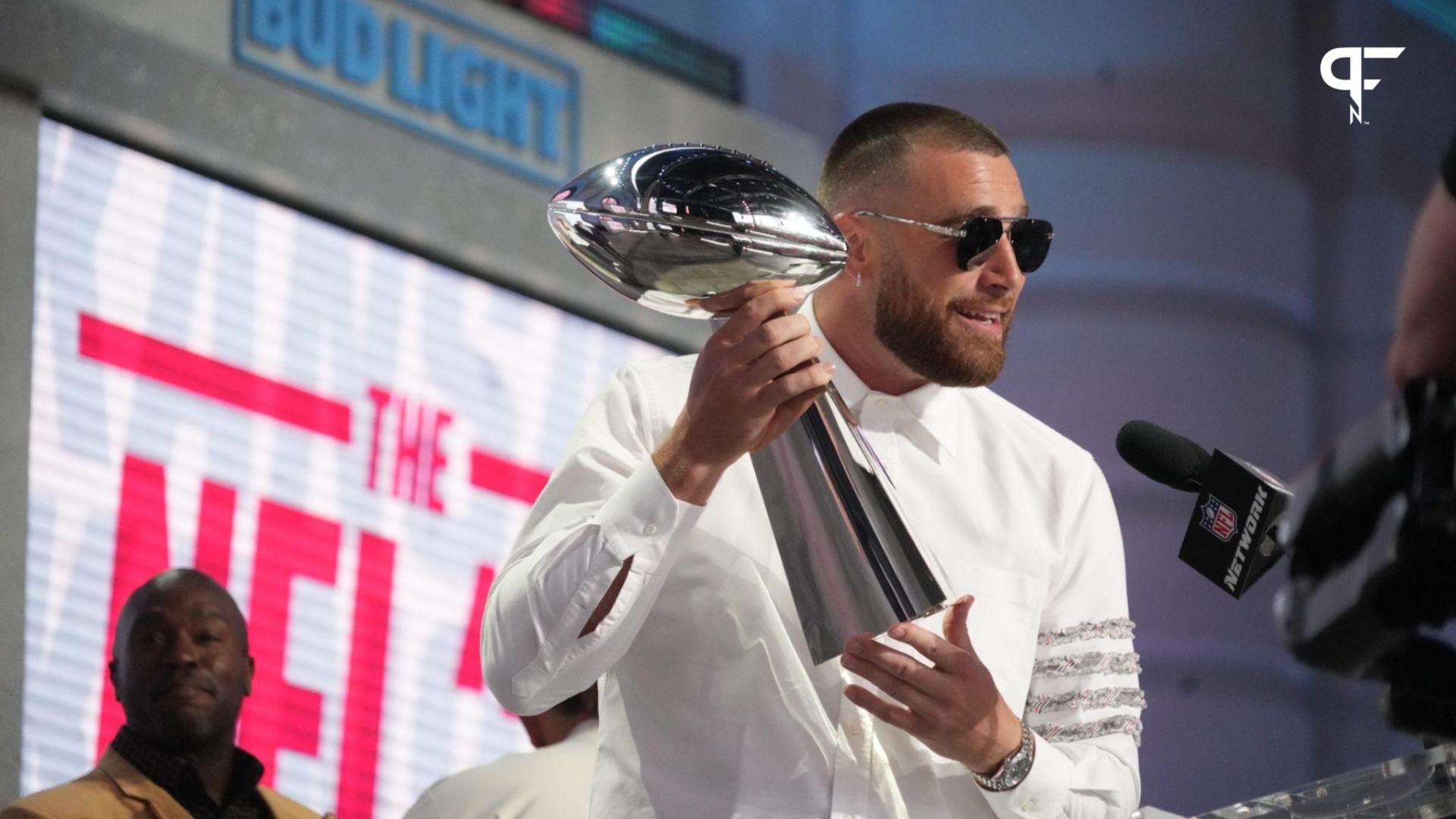 Kansas City Chiefs tight end Travis Kelce greets fans during the first round of the 2023 NFL Draft at Union Station.