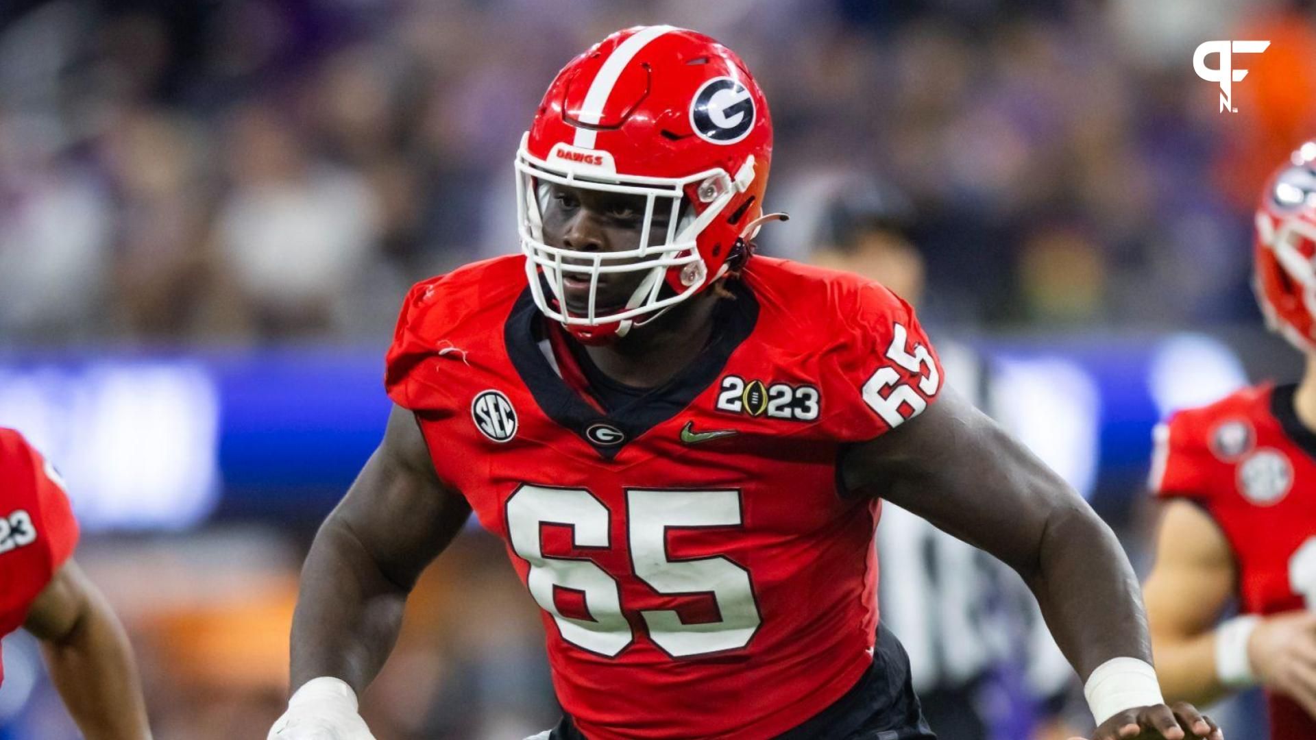 Georgia Bulldogs offensive lineman Amarius Mims (65) against the TCU Horned Frogs during the CFP national championship game at SoFi Stadium.