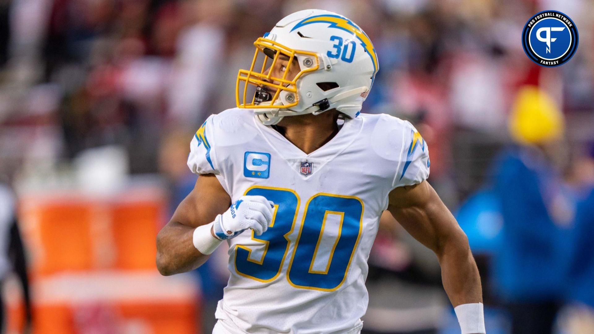 Los Angeles Chargers running back Austin Ekeler (30) warms up before the game against the San Francisco 49ers at Levi's Stadium.