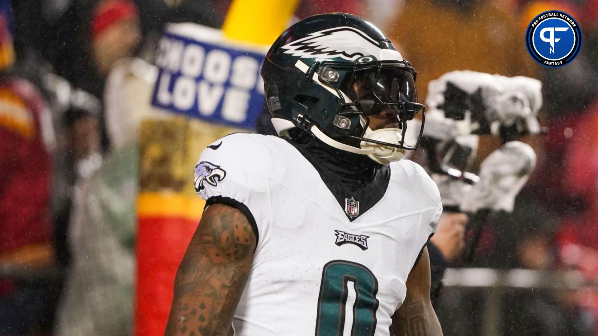 Philadelphia Eagles running back D'Andre Swift (0) warms up against theKansas City Chiefs prior to a game at GEHA Field at Arrowhead Stadium.