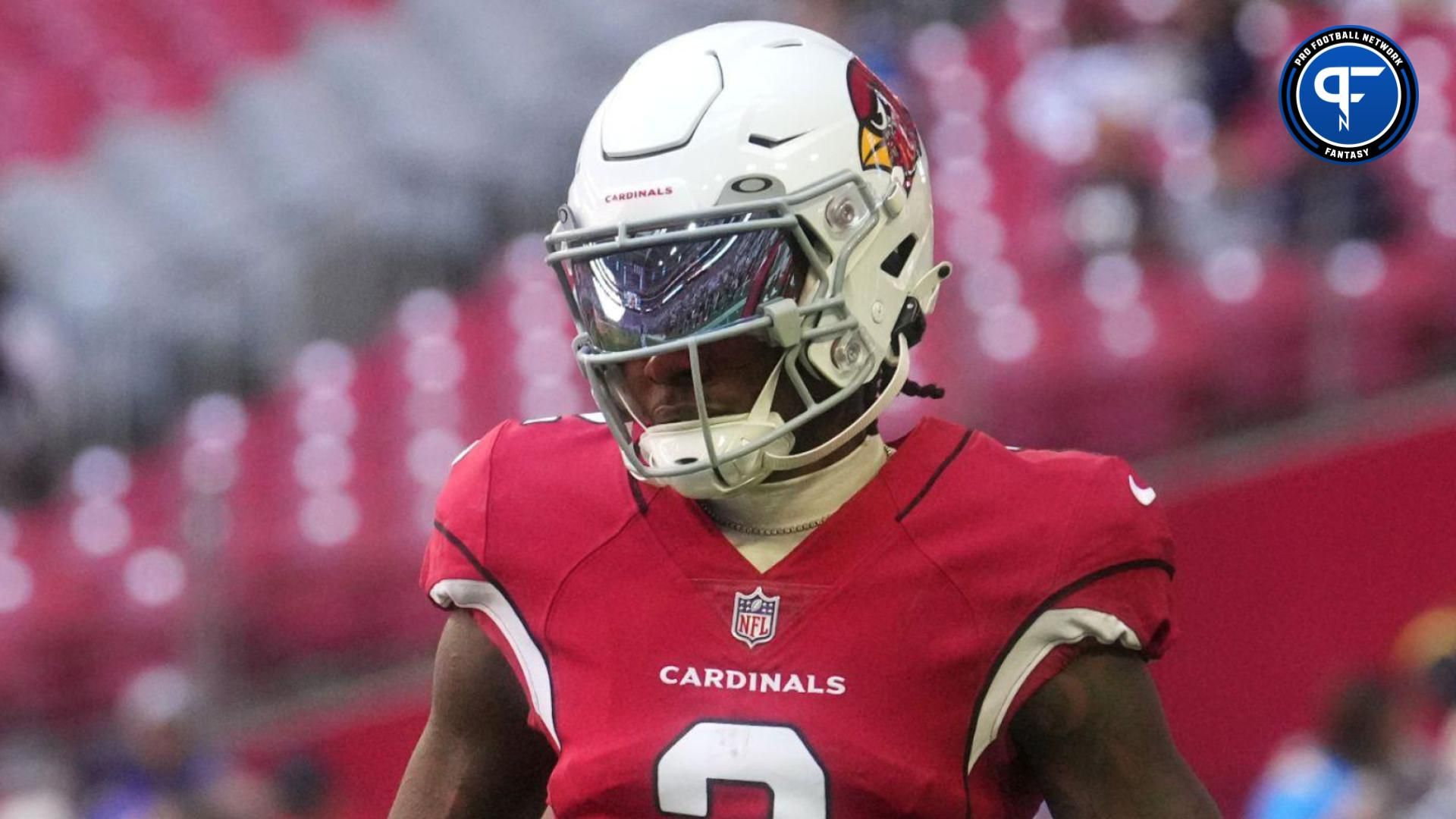 Arizona Cardinals receiver Marquise Brown warms up before a game against the Los Angeles Chargers at State Farm Stadium.