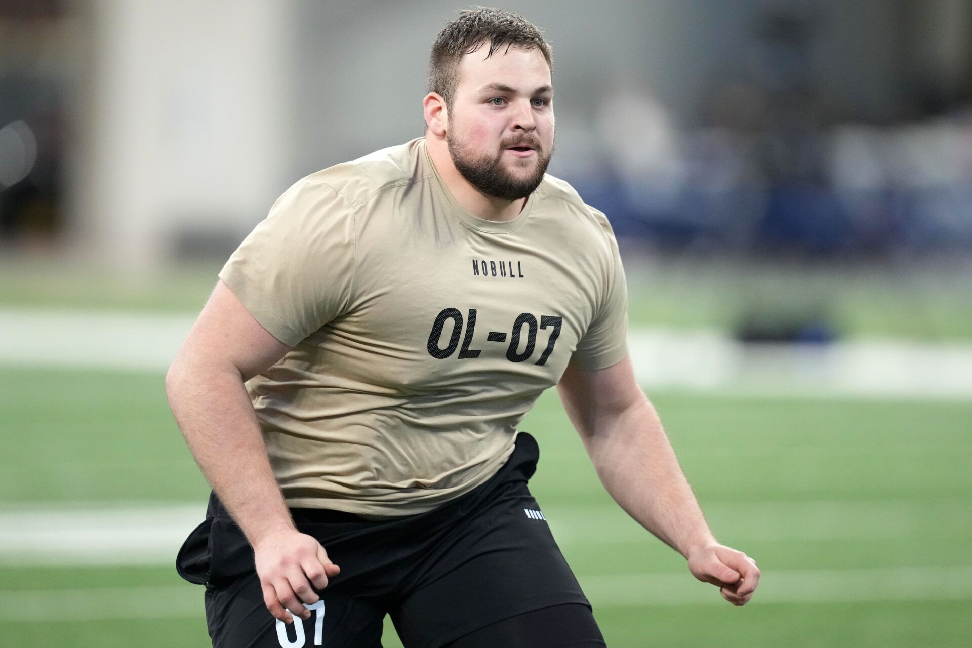 Kansas State offensive lineman Cooper Beebe (OL07) during the 2024 NFL Combine at Lucas Oil Stadium.