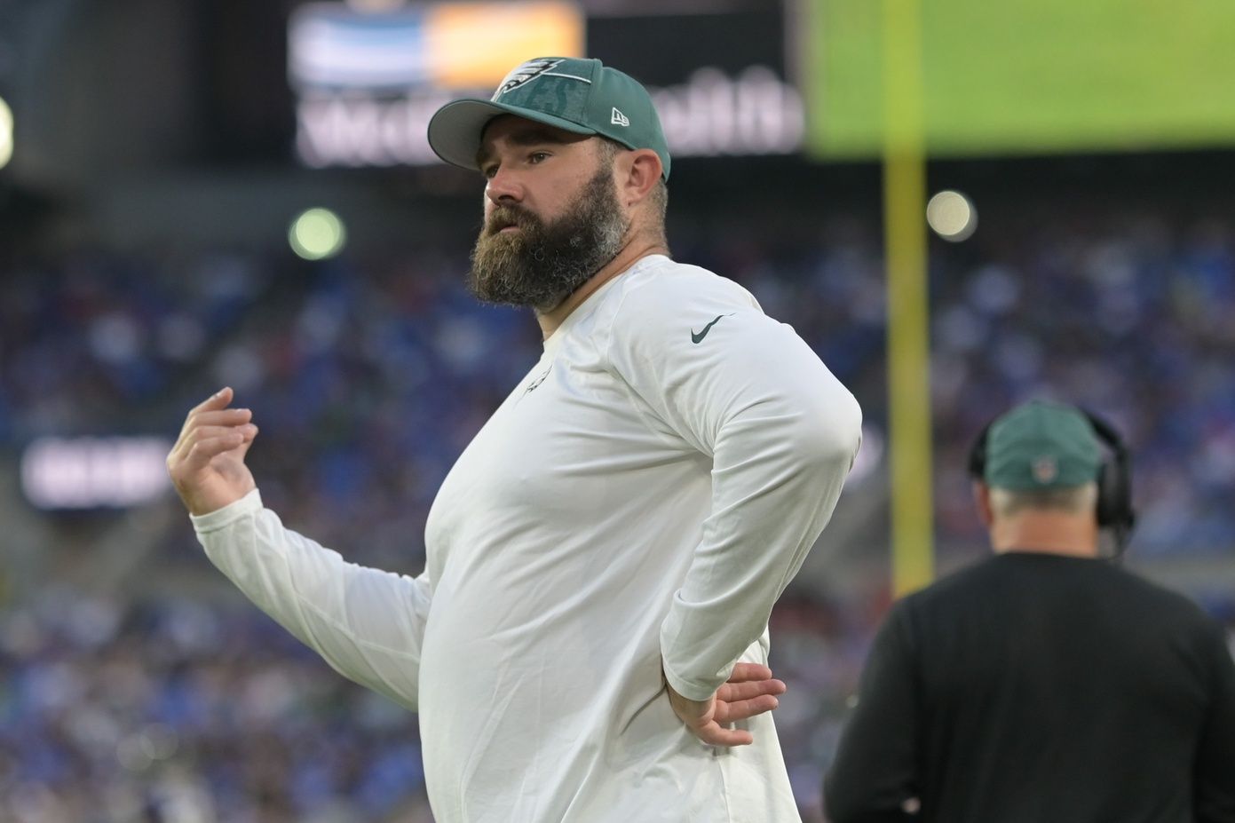 Philadelphia Eagles center Jason Kelce stands on the sidelines against the Baltimore Ravens.