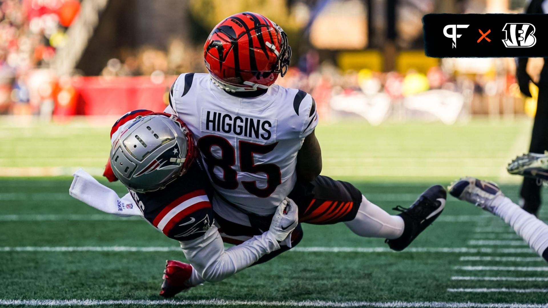 Cincinnati Bengals WR Tee Higgins (85) scores a touchdown against the New England Patriots.