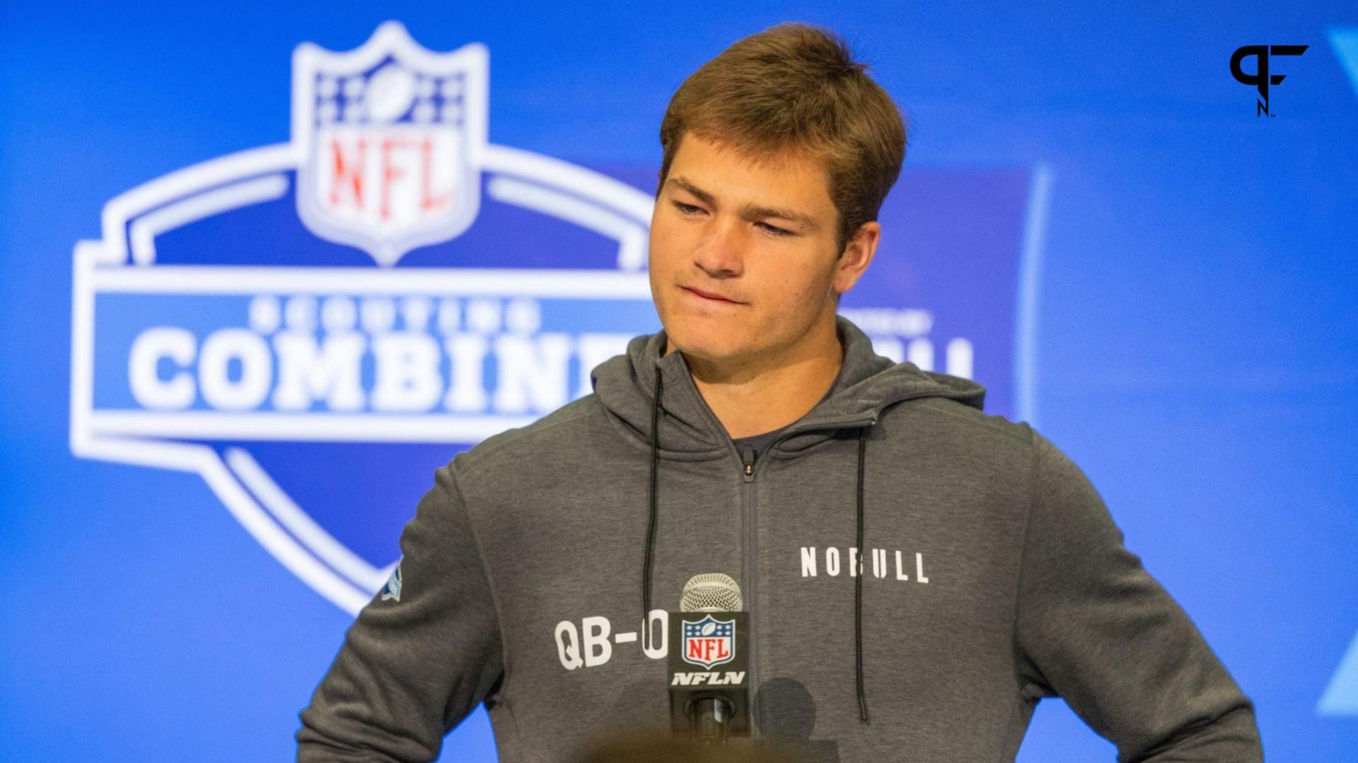 North Carolina quarterback Drake Maye (QB04) talks to the media during the 2024 NFL Combine at Lucas Oil Stadium.