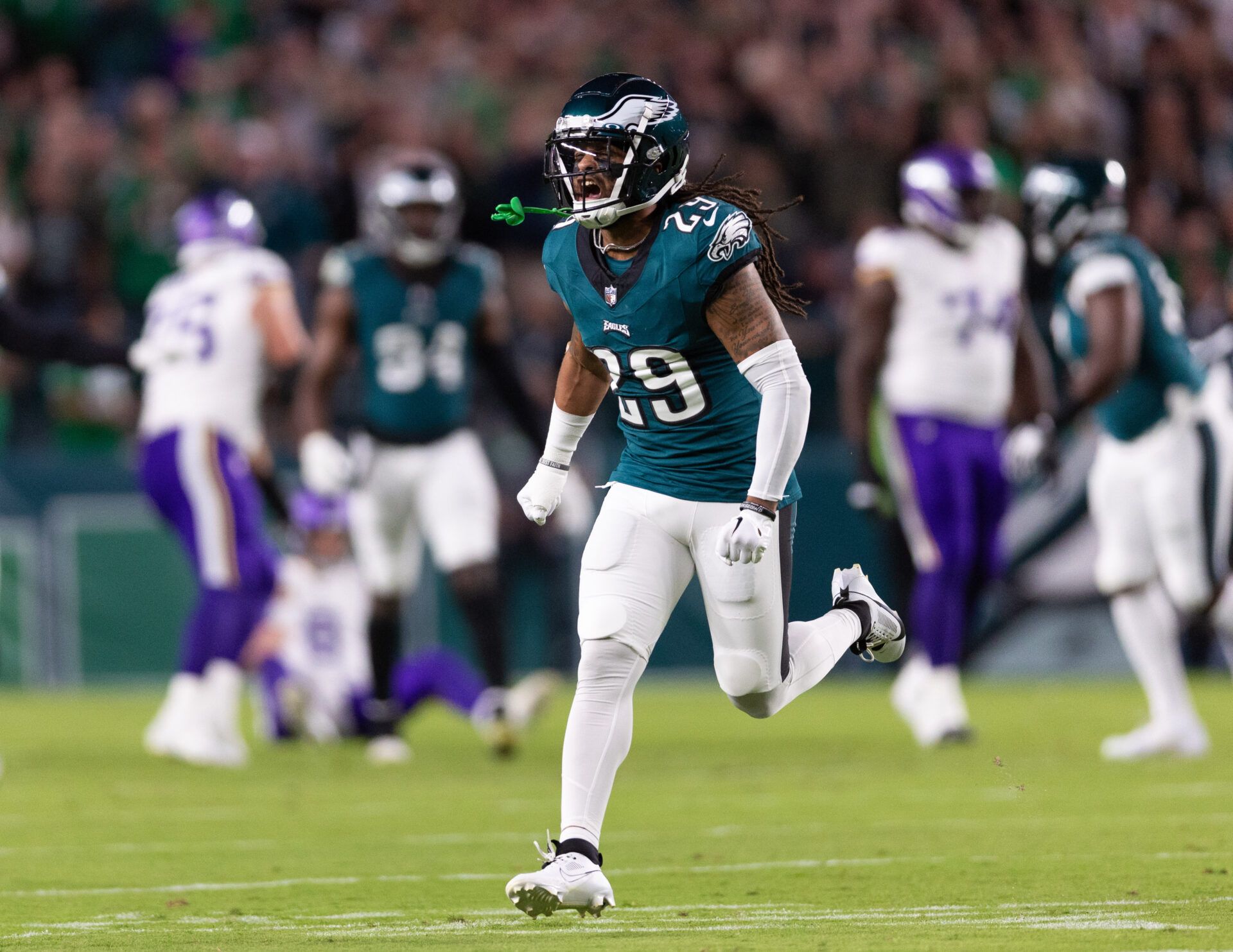 Philadelphia Eagles cornerback Avonte Maddox (29) reacts after a defensive stop against the Minnesota Vikings at Lincoln Financial Field.