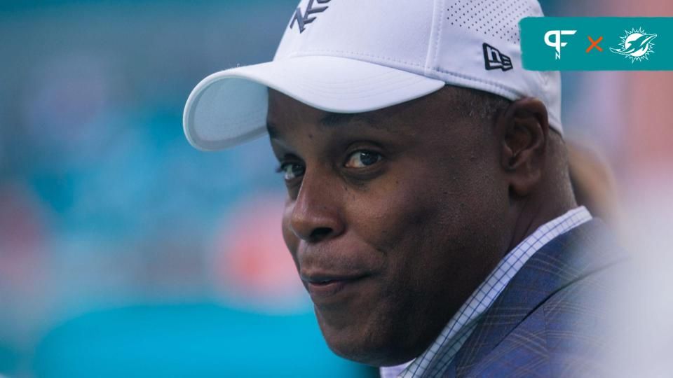 Miami Dolphins General Manager Chris Grier is seen on the sidelines prior to the start of the football game between the New York Jets and host Miami Dolphins at Hard Rock Stadium on Sunday, January 8, 2023, in Miami Gardens, FL.