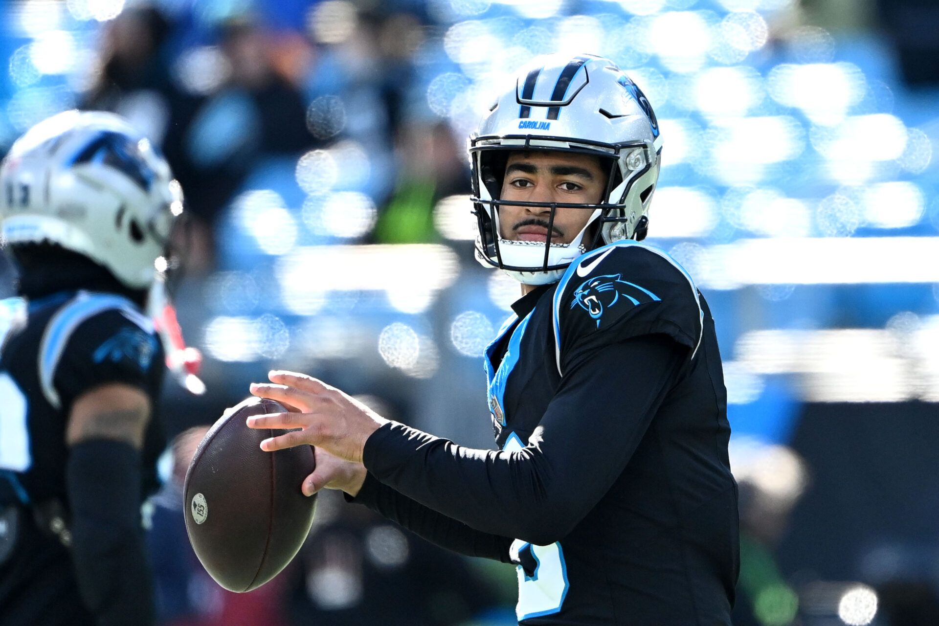 Carolina Panthers quarterback Bryce Young (9) before the game at Bank of America Stadium.