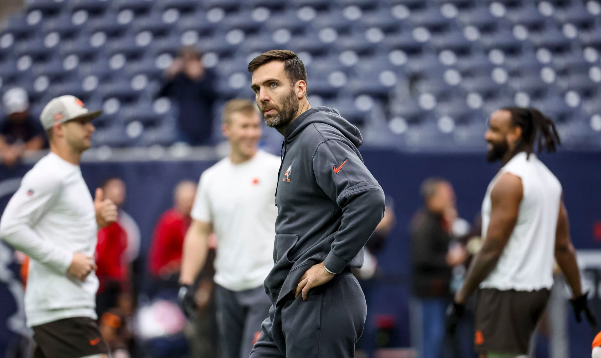Cleveland Browns quarterback Joe Flacco (15) before a 2024 AFC wild card game at NRG Stadium.