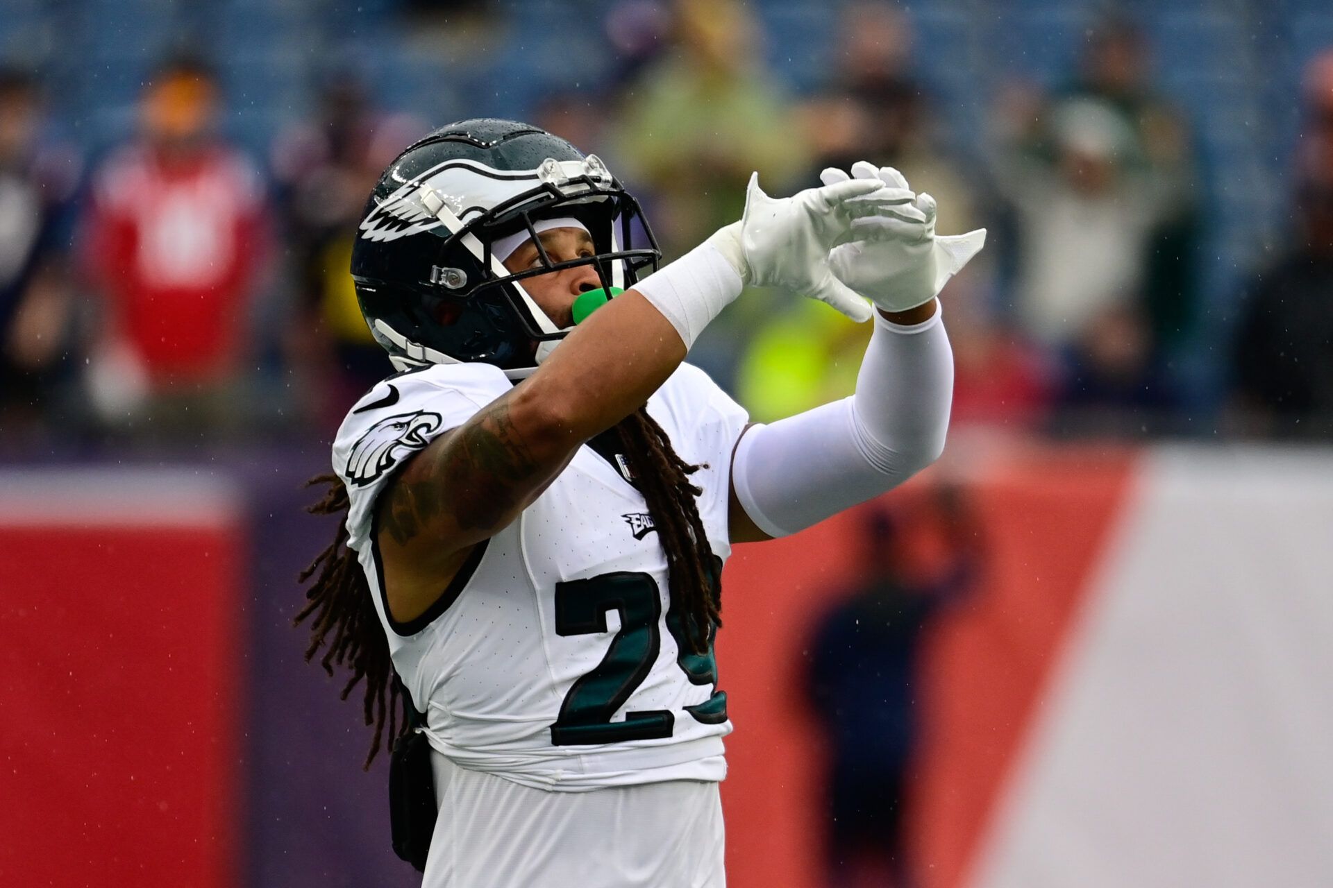 Philadelphia Eagles cornerback Avonte Maddox (29) makes a catch during the warm-up period before a game against the New England Patriots at Gillette Stadium.