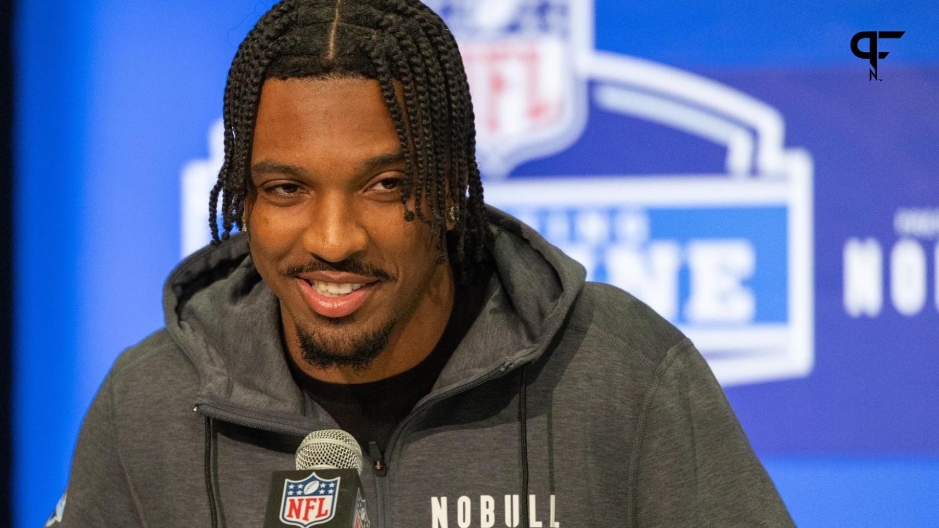 Louisiana State quarterback Jayden Daniels (QB01) talks to the media during the 2024 NFL Combine at Lucas Oil Stadium.